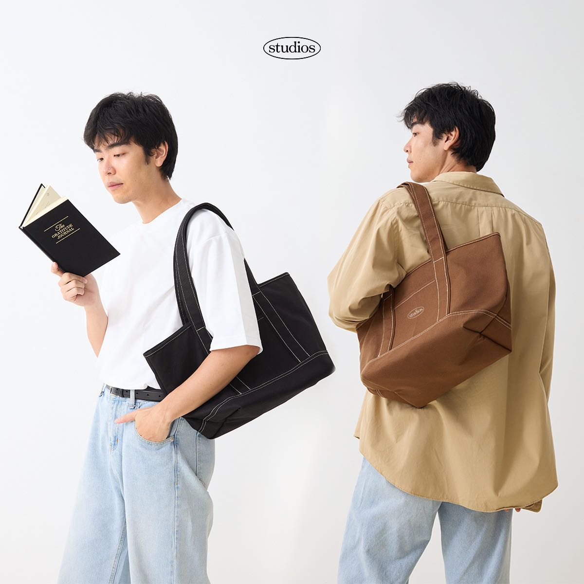 HOMELAND - กระเป๋าผ้า canvas สไตล์ญี่ปุ่น ปักลาย มีซิป (Large) สีดำ / สีน้ำตาล