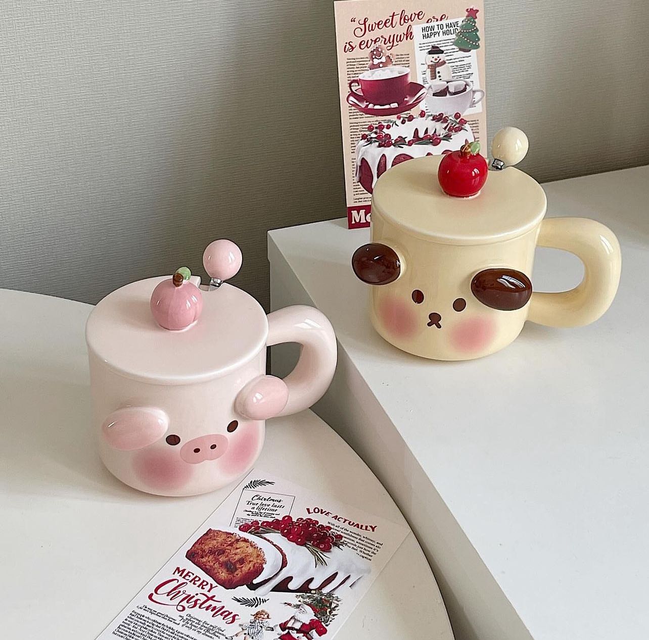 (พร้อมส่ง) set แก้วน้ำเซรามิกน่ารักจับใจน้องหมูอู๊ดและน้องหมา