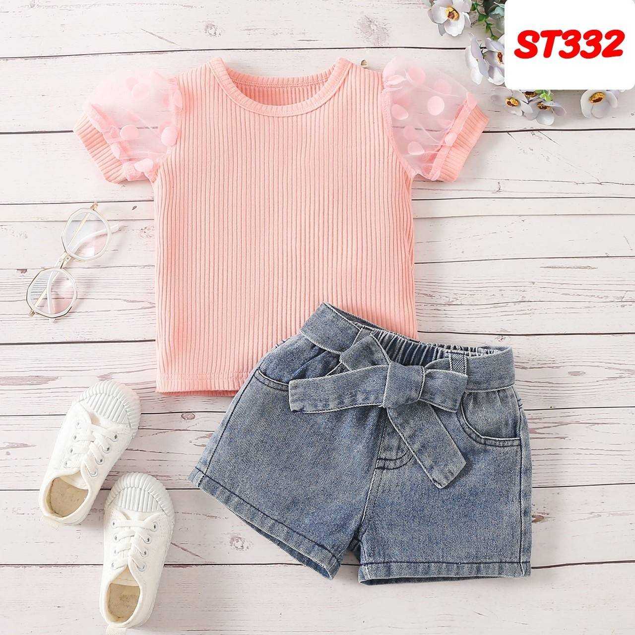 ST332-ชุดเซ็ตเด็กหญิงเสื้อชมพูกางเกงยีนส์ขาสั้น