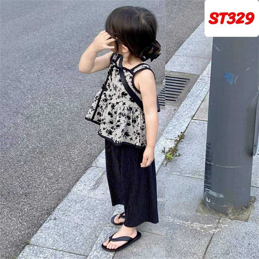 ST329-ชุดเซ็ตเด็กหญิงเสื้อเเขนสั้นสีดำกางเกงผ้ายืด