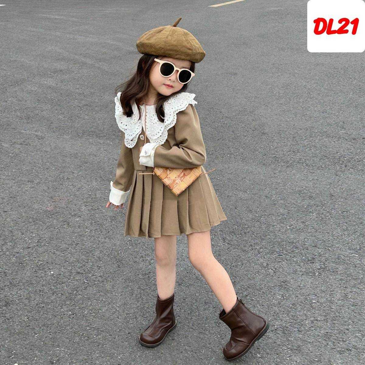DL21-ชุดเดรสเด็กหญิงเเขนยาวกระโปรงจีบสีน้ำตาล