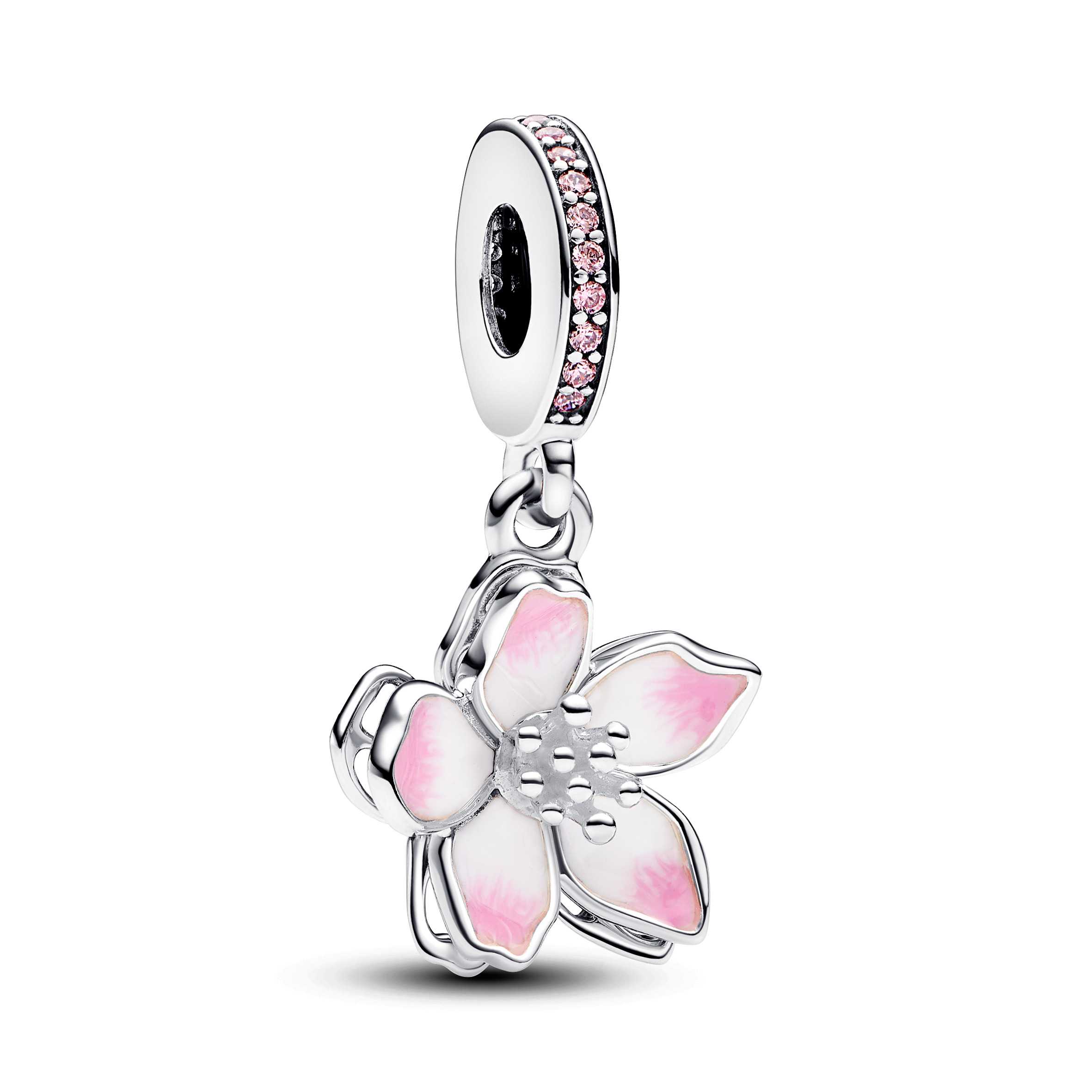 Movable cherry blossom sterling silver dangle with fancy pink cubic zirconia and shaded pink enamel
