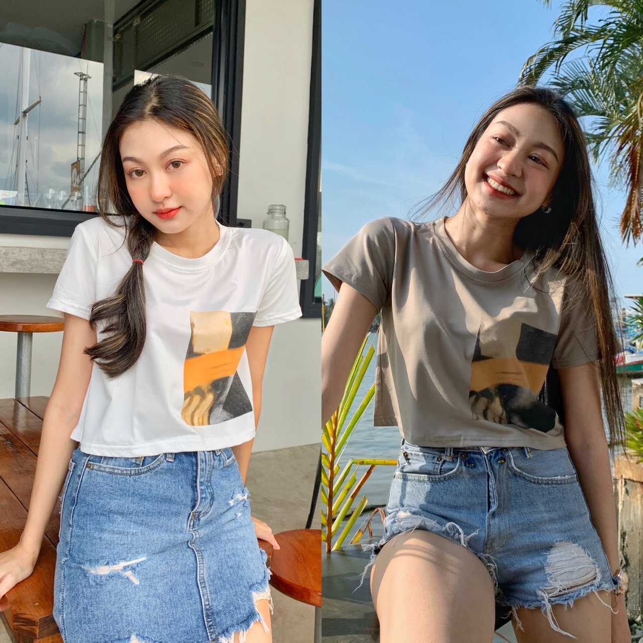 [พร้อมส่ง] CROP TOPเสื้อยืดครอป สกรีนลายกราฟฟิค สีขาว-น้ำตาลเทา | QS187