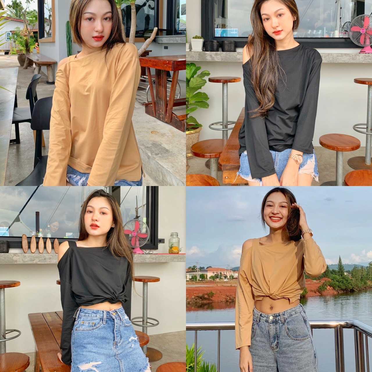 [พร้อมส่ง] เสื้อยืดแขนยาวเปิดไหล่เดี่ยว ผ้านิ่มใส่สบาย สีครีม-ดำ | QS193