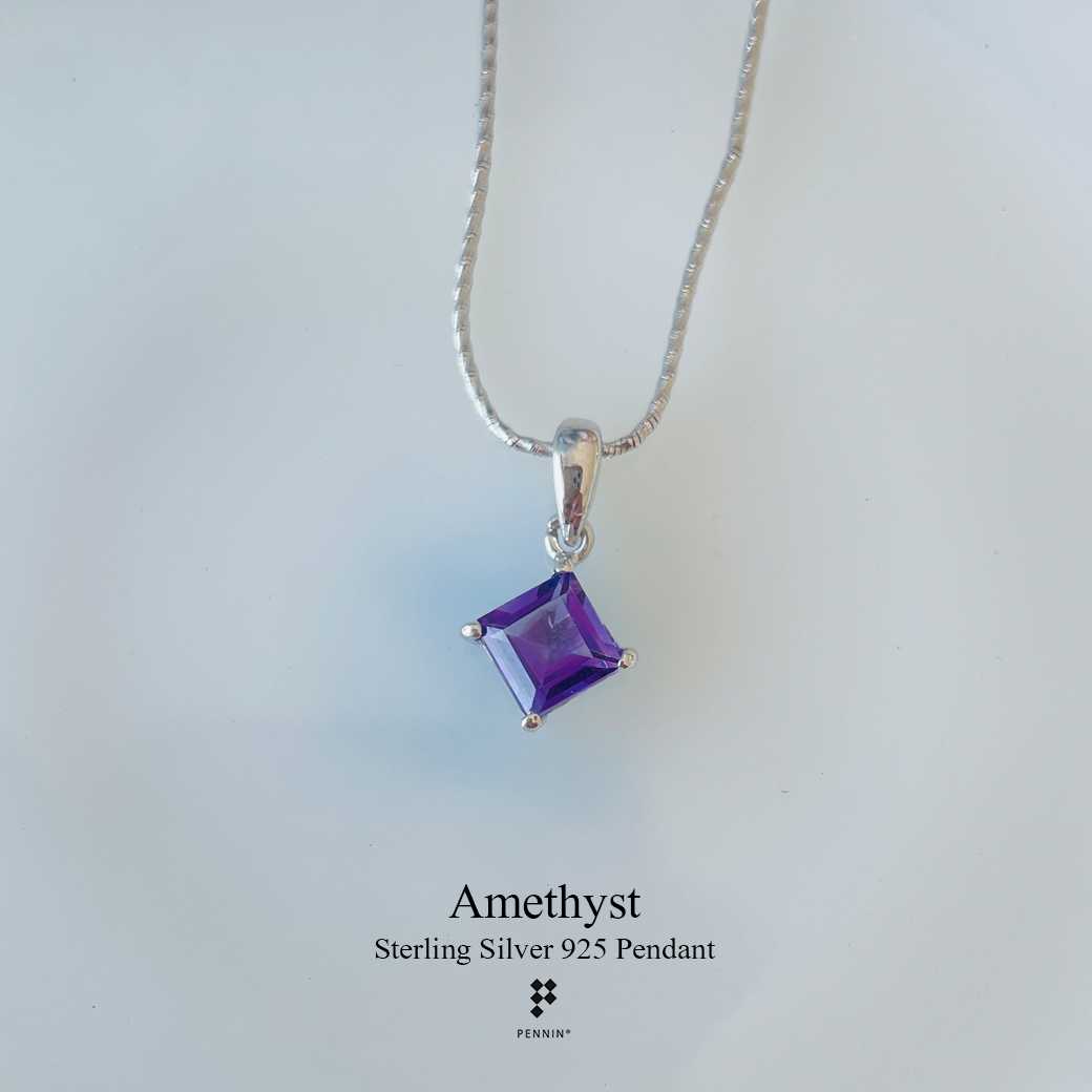 P15230 จี้อเมทิสต์(Amethyst) สี่เหลี่ยมจตุรัส 7mm สีม่วงหวาน แบบเรียบ เก๋ ใส่ได้ทุกวัน