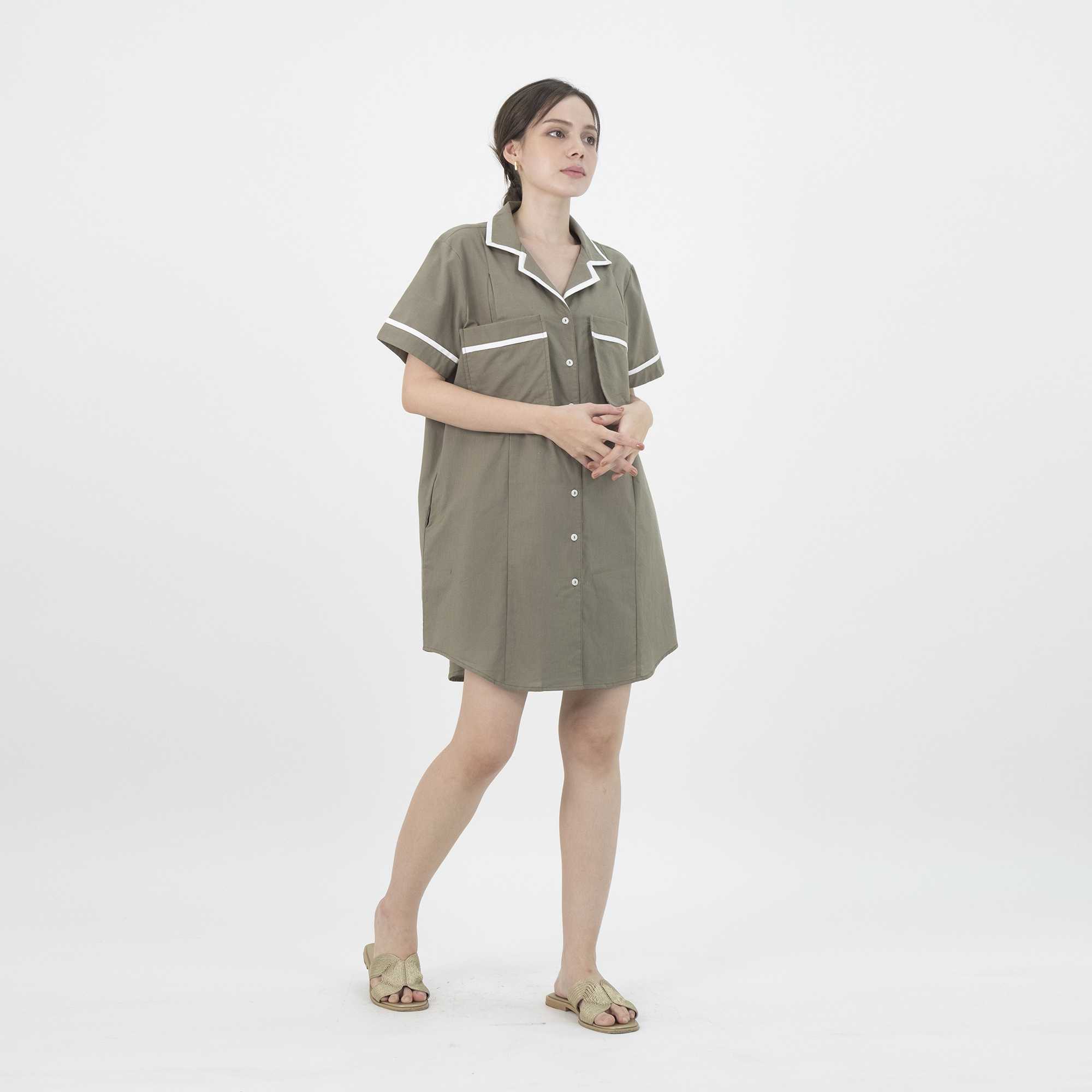 QueenCows ชุดให้นม Perry Linen Dress Shirt (Olive)