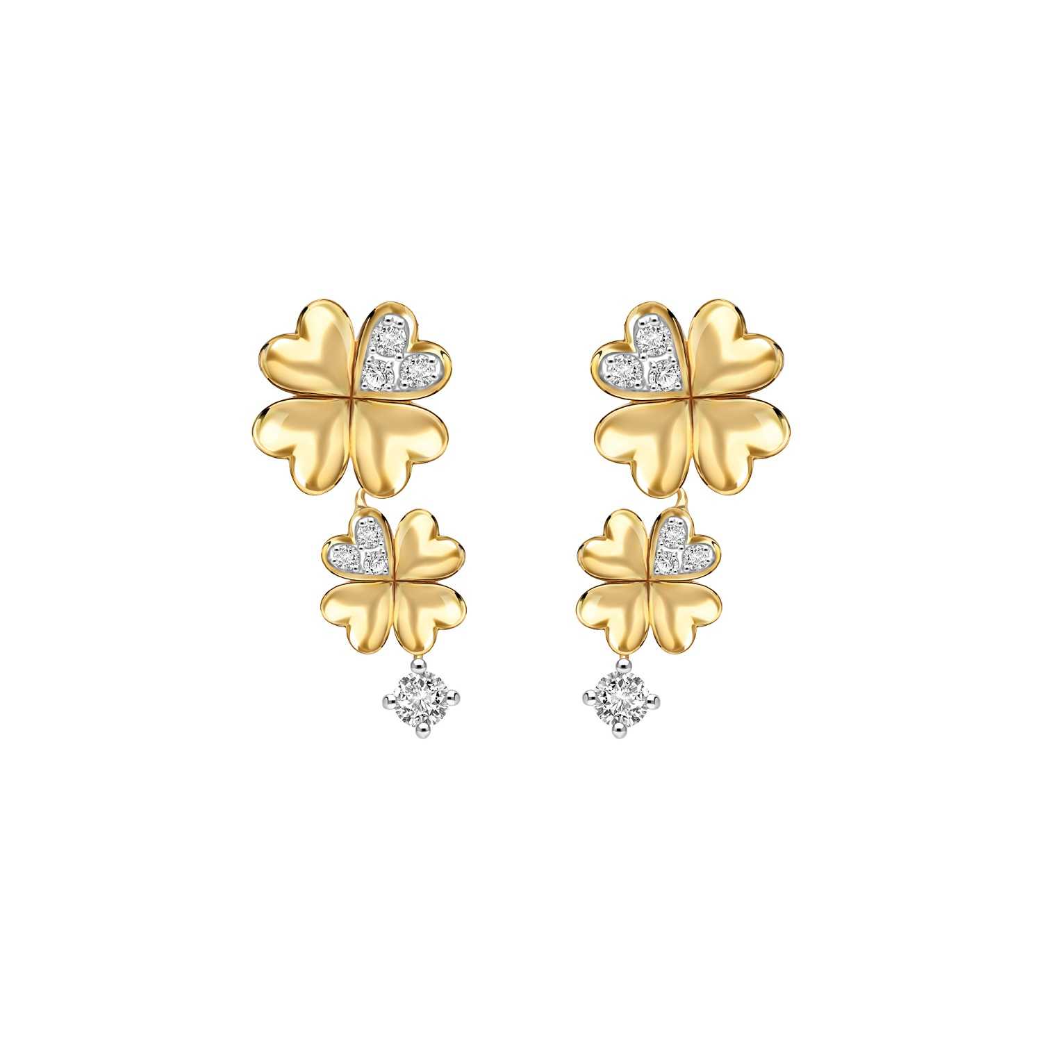 Lucky Clover ต่างหูเงินชุบทองคำ 23K ประดับ CZ ดีไซน์ใบโคลเวอร์ 4 แฉก ทรงระย้า