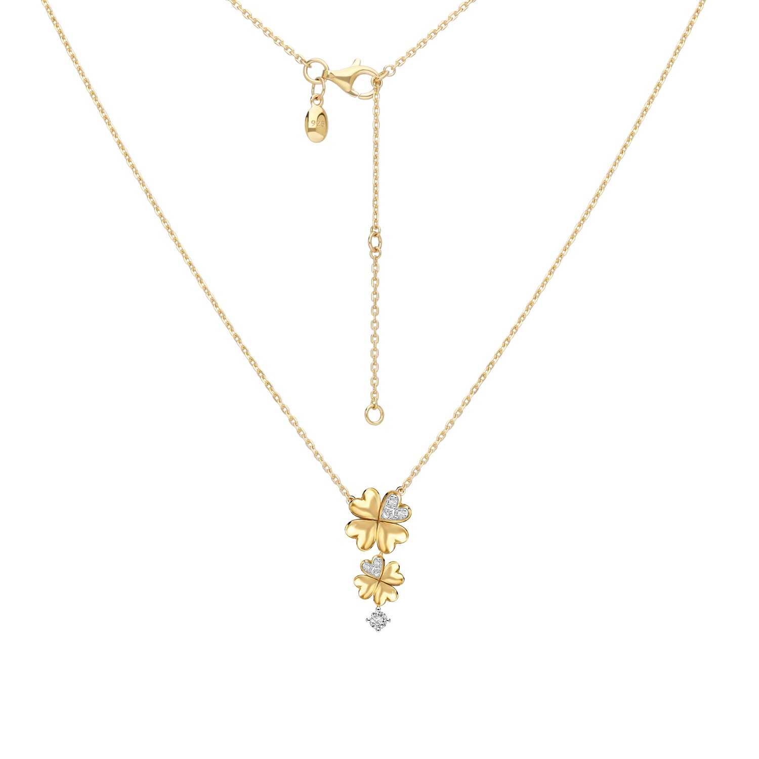 Lucky Clover สร้อยคอพร้อมจี้เงินชุบทองคำ 23K ประดับ CZ ดีไซน์ใบโคลเวอร์ 4 แฉกระย้า ยาว 16 นิ้ว