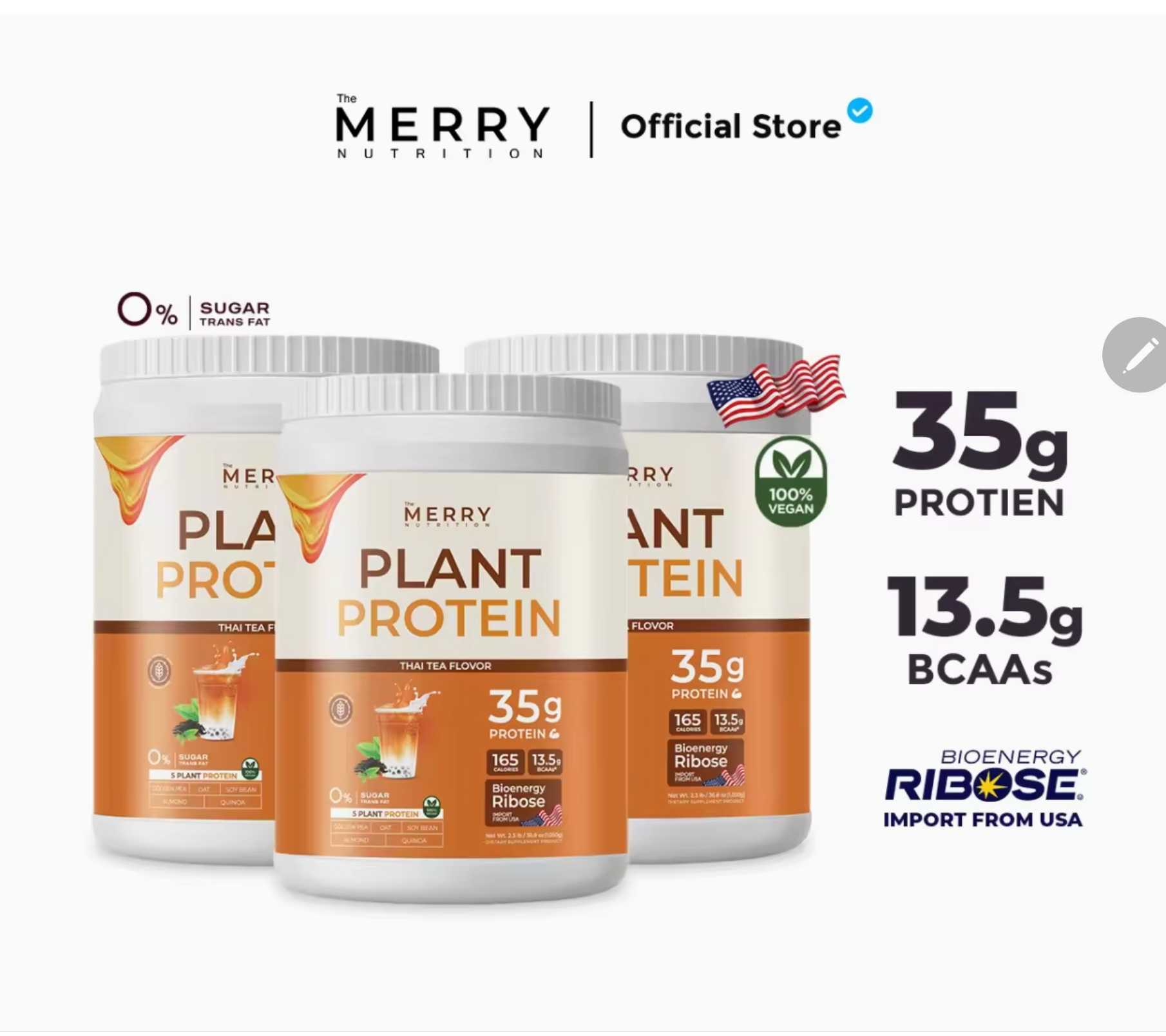 Merry Plant Protein โปรตีนพืช 5 ชนิด : รส Thai Tea Flavor 3 กระปุก 2.3lb. / 1,050g.  รายละเอียด  Pla