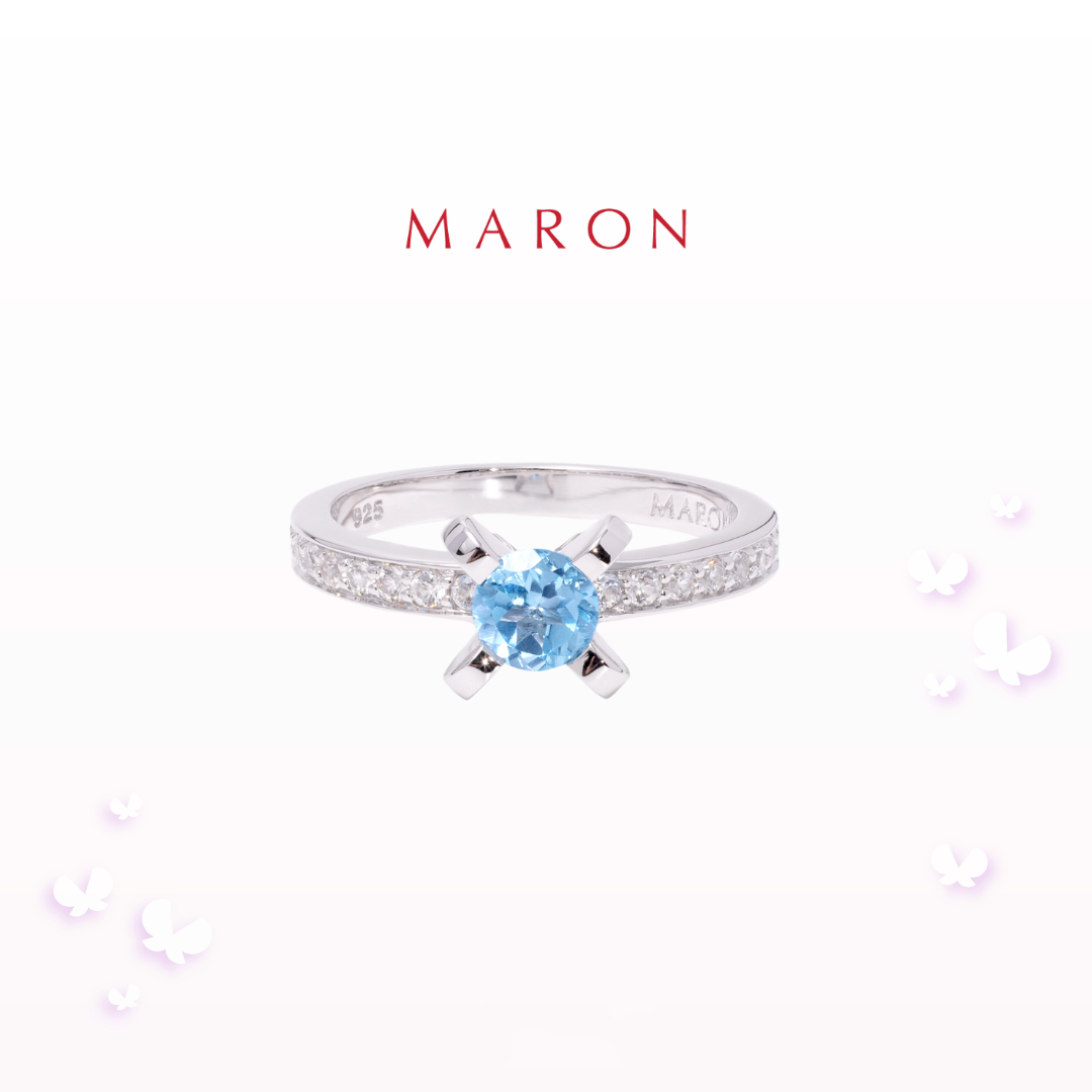 MARON - Happy Sign Ring with Swiss Blue Topaz เงินแท้925 พลอยแท้ พลอยสวิซบลูโทแพซ