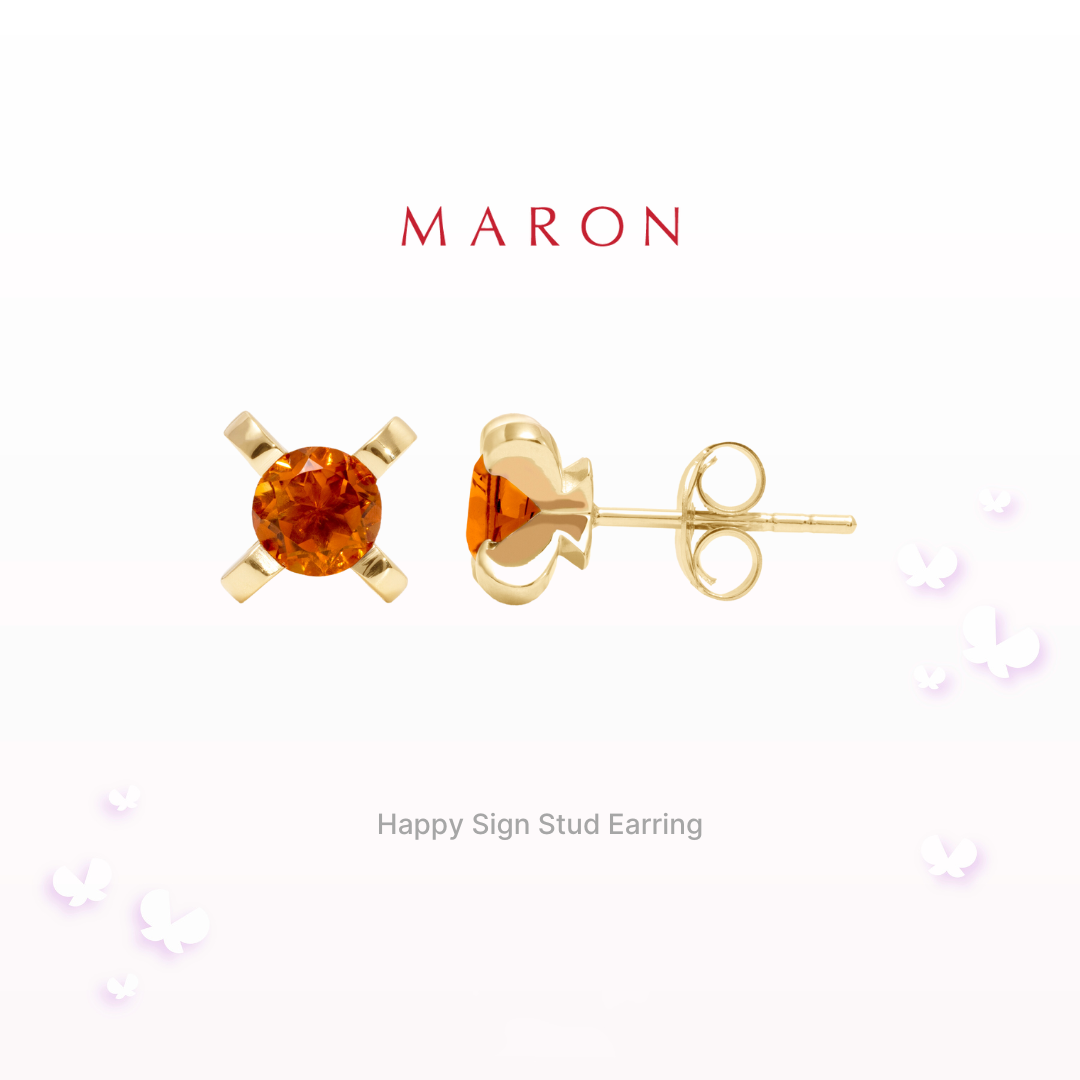 MARON - Happy Sign Stud Earring with Madeira Citrine เงินแท้925 พลอยแท้ พลอยซิทรินมาเดรา