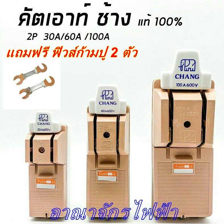 คัทเอาท์ช้าง 2P 30A 60A 100A แบบสับทางเดียว (แถมฟรีฟิวส์ก้ามปู 2 ตัว) สะพานไฟ