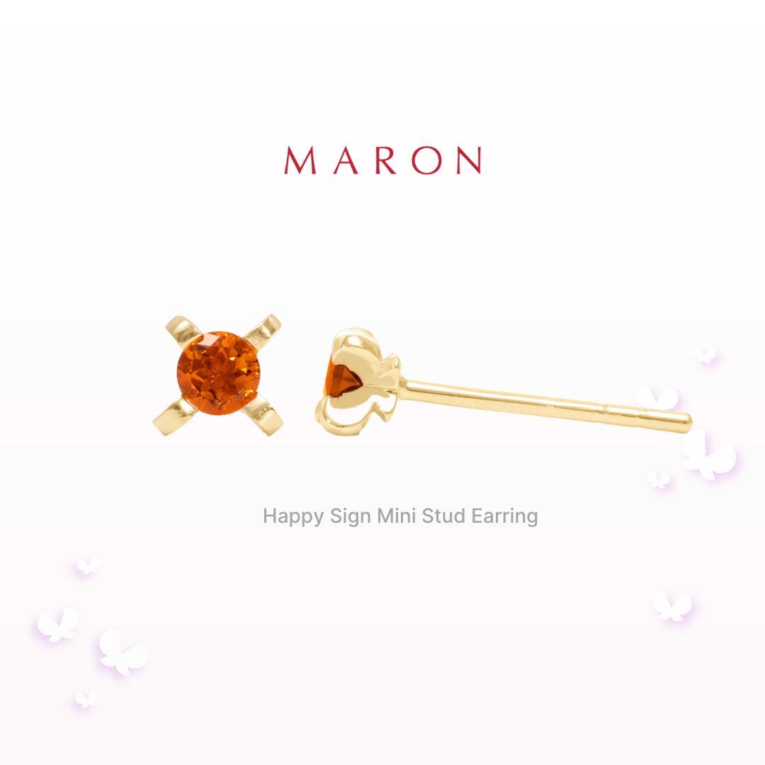 MARON - Happy Sign Mini Stud Earrings with Madeira Citrine เงินแท้925 พลอยแท้ พลอยซิทรินมาเดรา