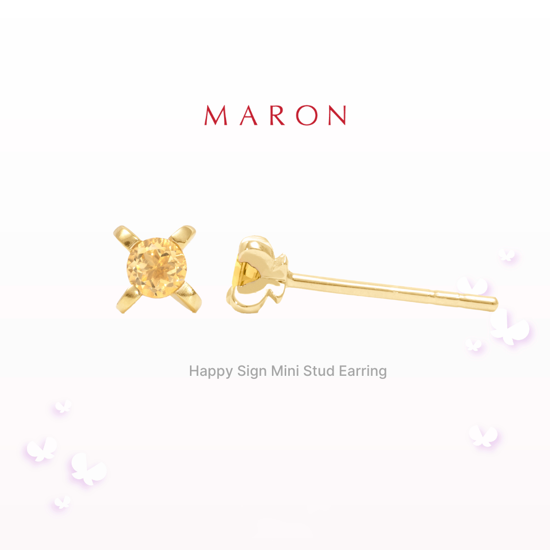 MARON - Happy Sign Mini Stud Earrings with Golden Citrine เงินแท้925 พลอยแท้ พลอยโกลเดนซิทริน