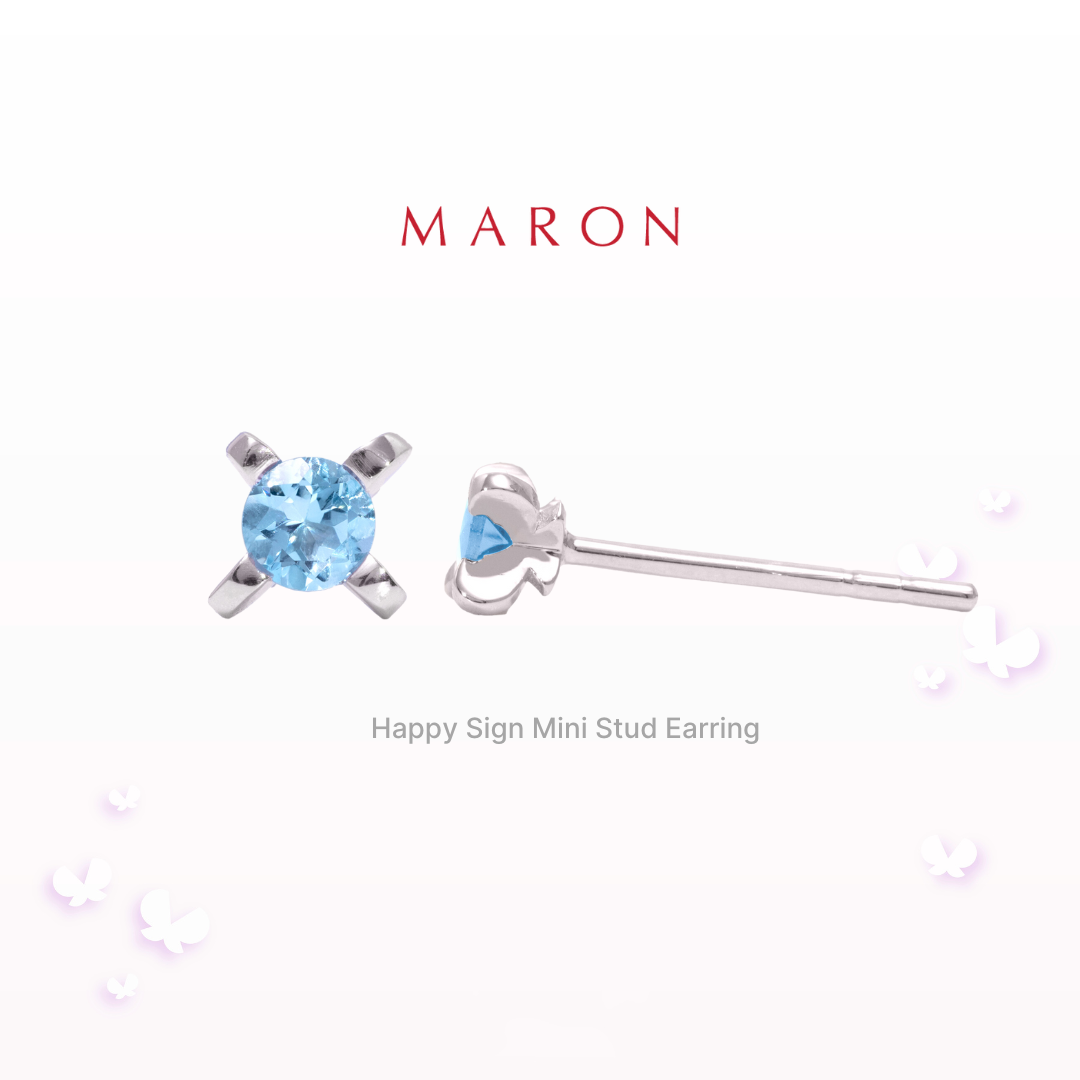 MARON - Happy Sign Mini Stud Earrings with Swiss Blue Topaz เงินแท้925 พลอยแท้ พลอยสวิซบลูโทแพซ