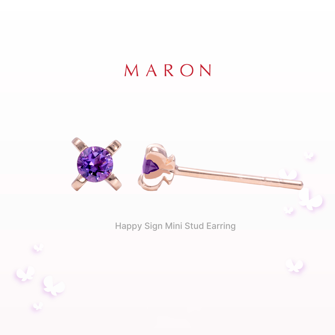 MARON - Happy Sign Mini Stud Earrings with Amethyst เงินแท้925 พลอยแท้ พลอยอเมทิสต์