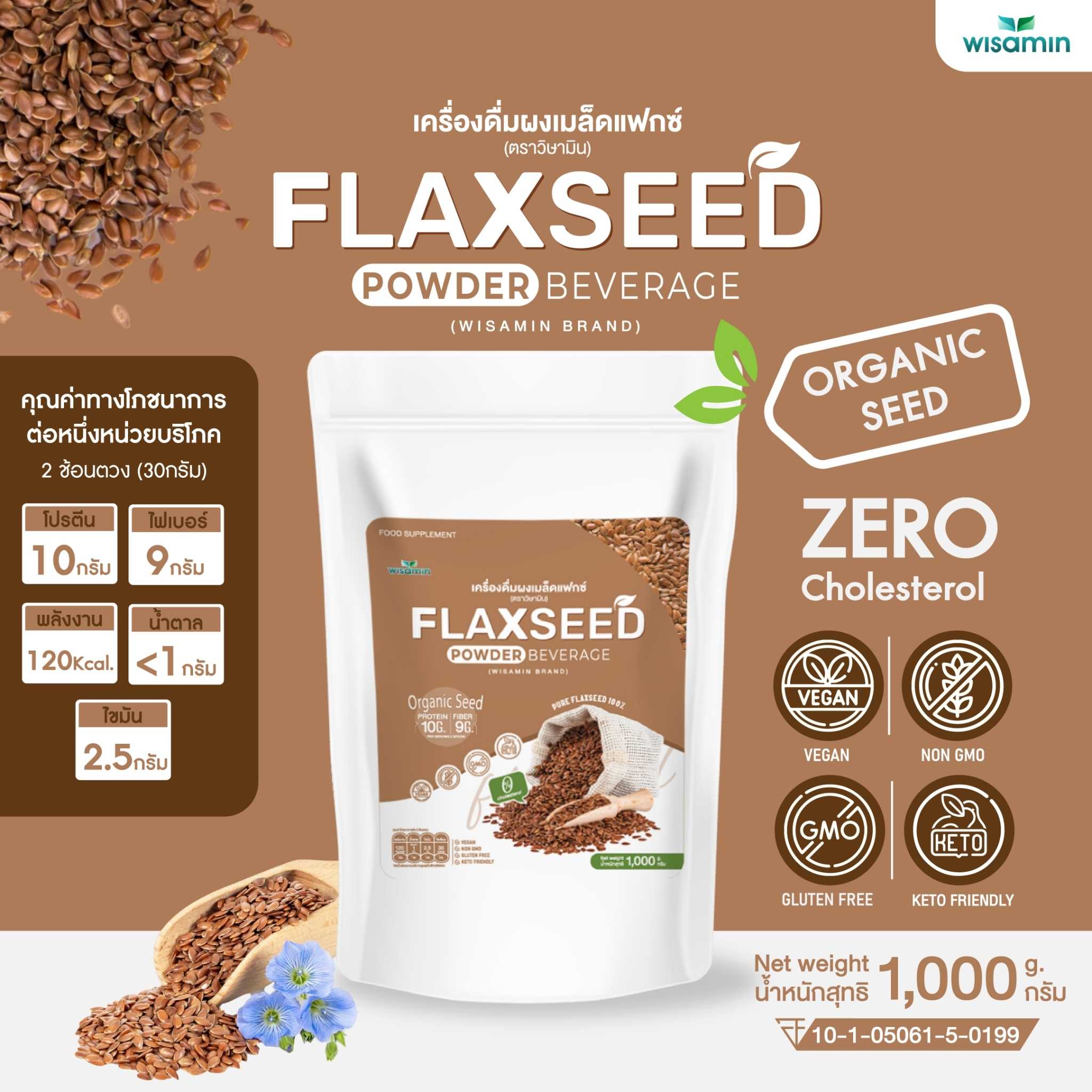 FLAXSEED POWDER ผงโปรตีนจากเมล็ดแฟกซ์ ตราวิษามิน ออแกรนิก ปลอด GMO ปลอดกลูเตน จำนวน 1 ถุง 1,000 กรัม