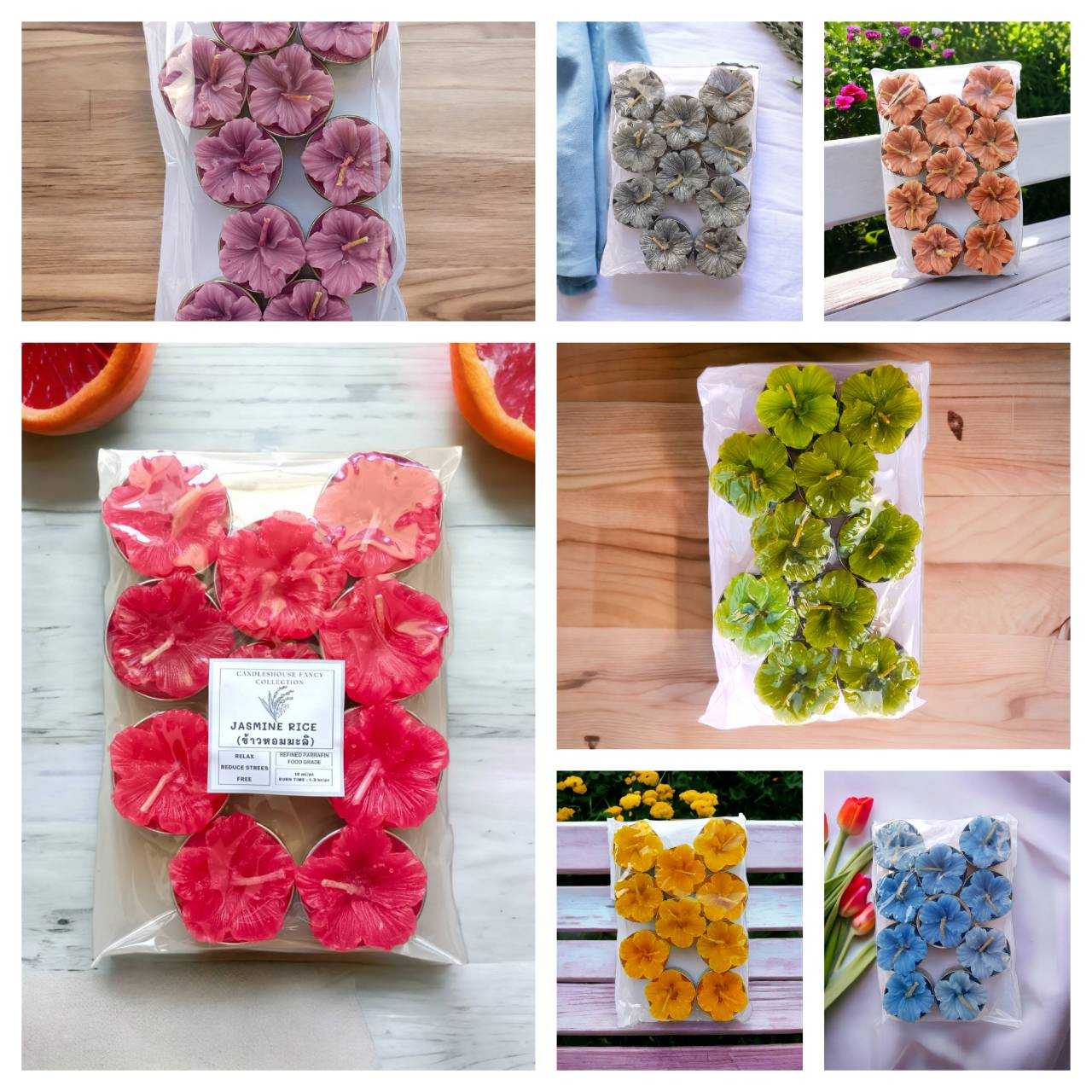 เทียนชบา เทียนหอมทีไลท์ หลายสี pack 10pcs เทียนแคนเดิลเฮ้าส์ จุดได้ยาวนาน 3-4 ชั่วโมงต่อชิ้น หอม