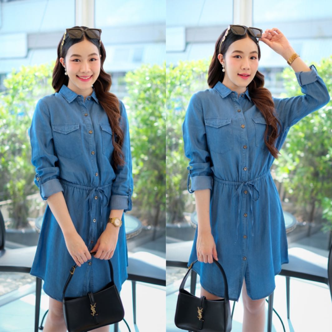 ชุดเดรสยีนส์เดนิม เนื่อนิ่มกระดุมหน้า เอวยางยืด ผ้าผูกเอว แขนแต่งกระดุมพับได้