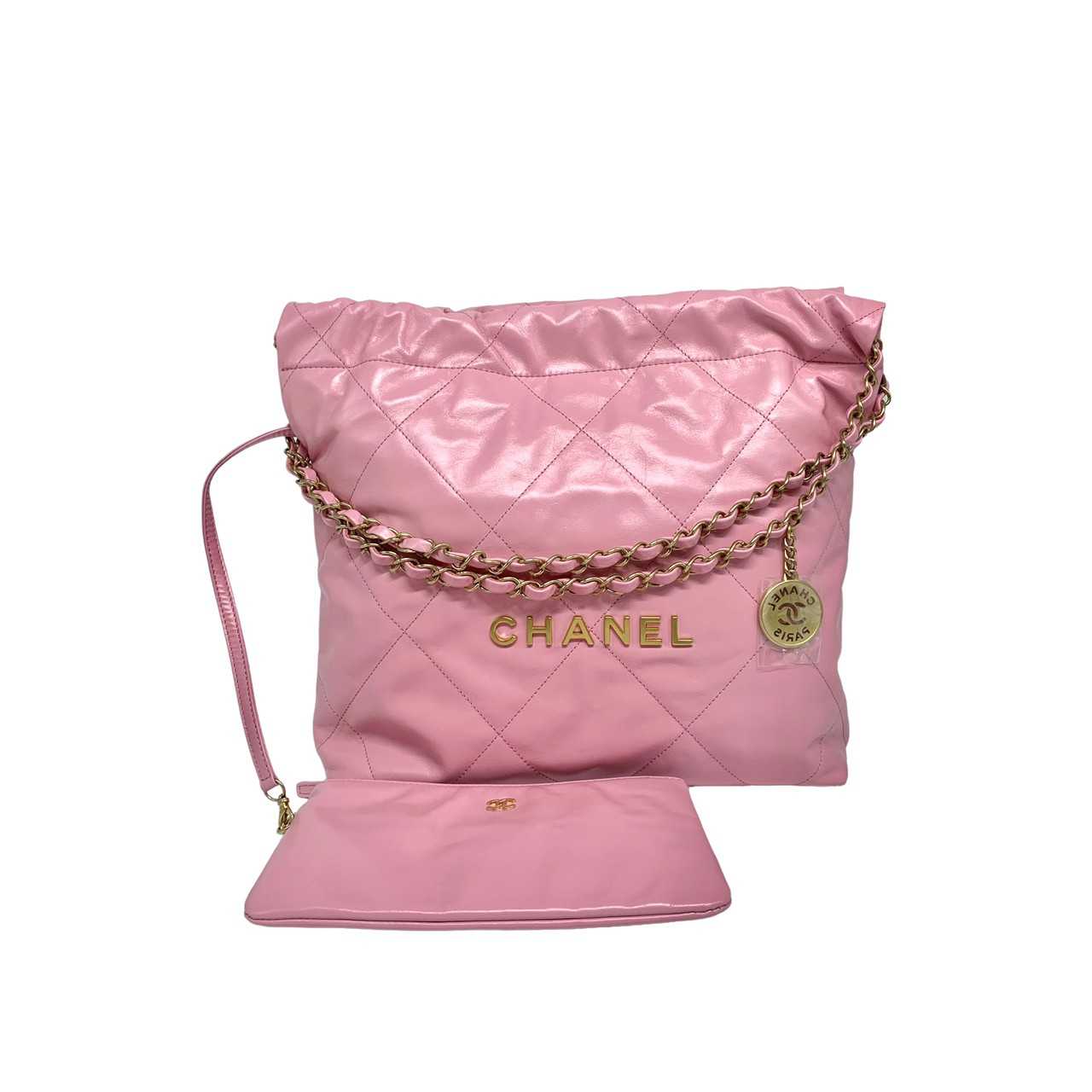 New Chanel Tote 22 pink small gold logo microchip E558G467