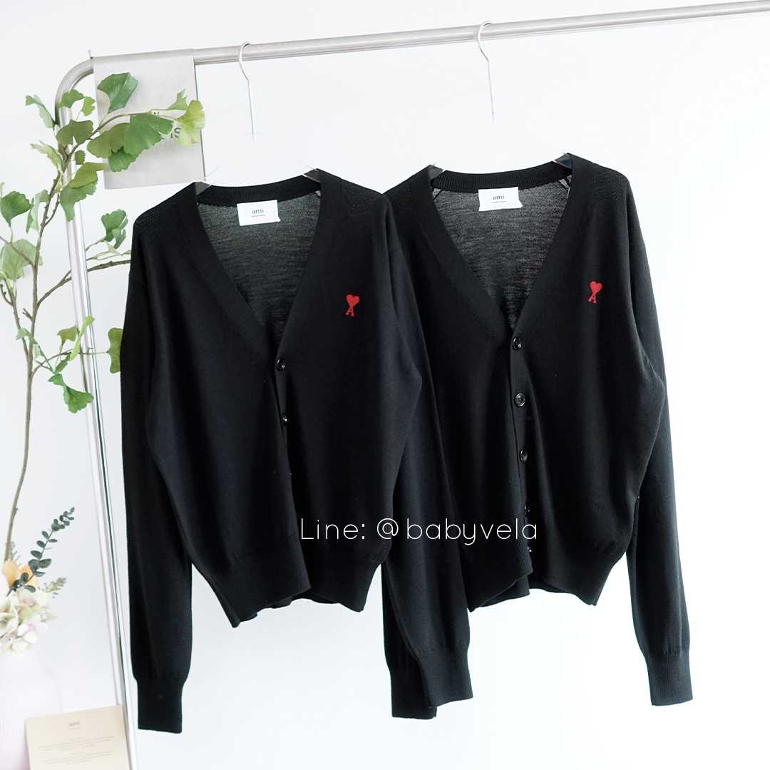 Ami Paris W Heart Logo Merino Wool Cardigan (Black)
