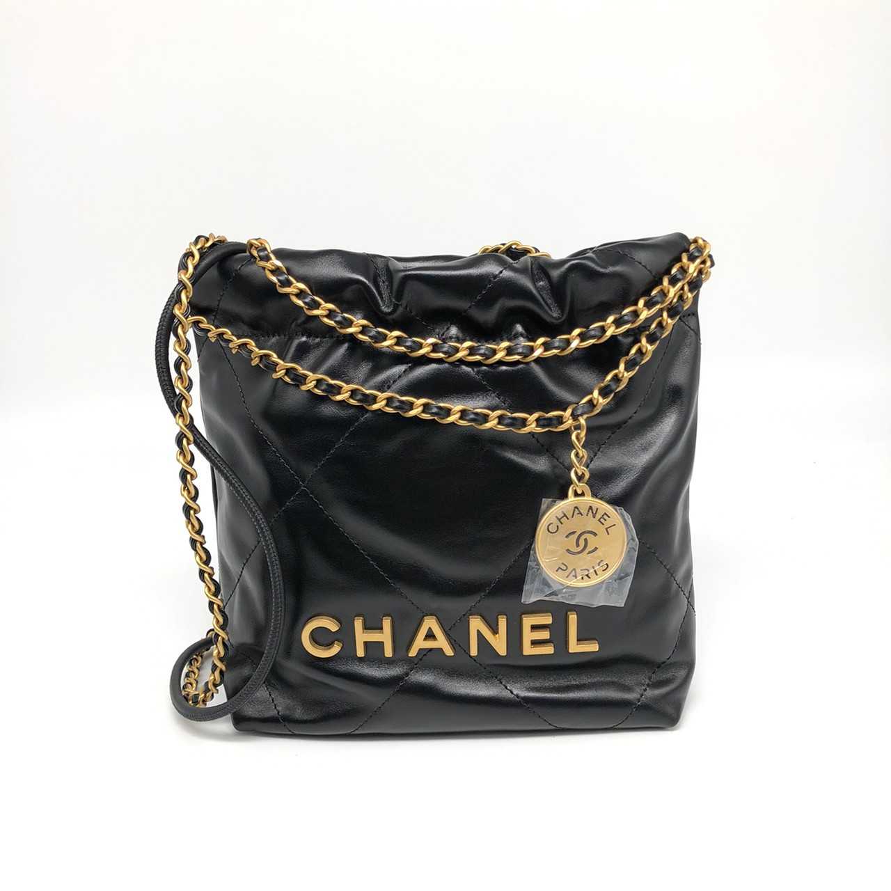 New Chanel Tote 22 mini black gold logo microchip U9JN2097