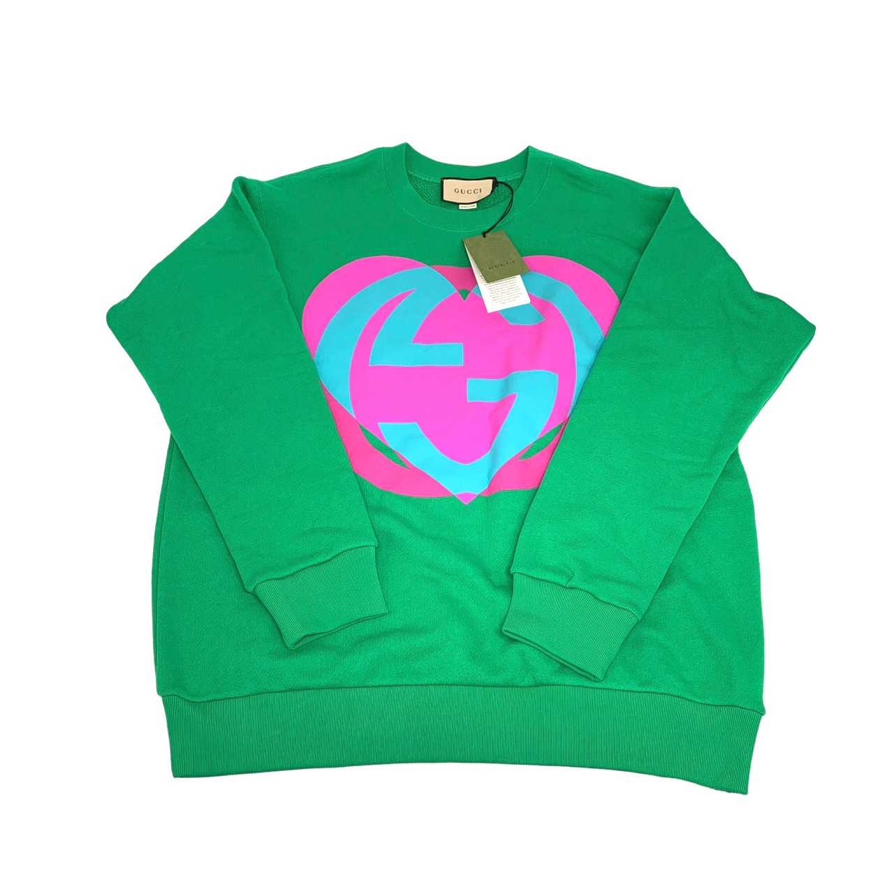 New Gucci interlocking G heart sweatshirt green (pink heart) sz.M