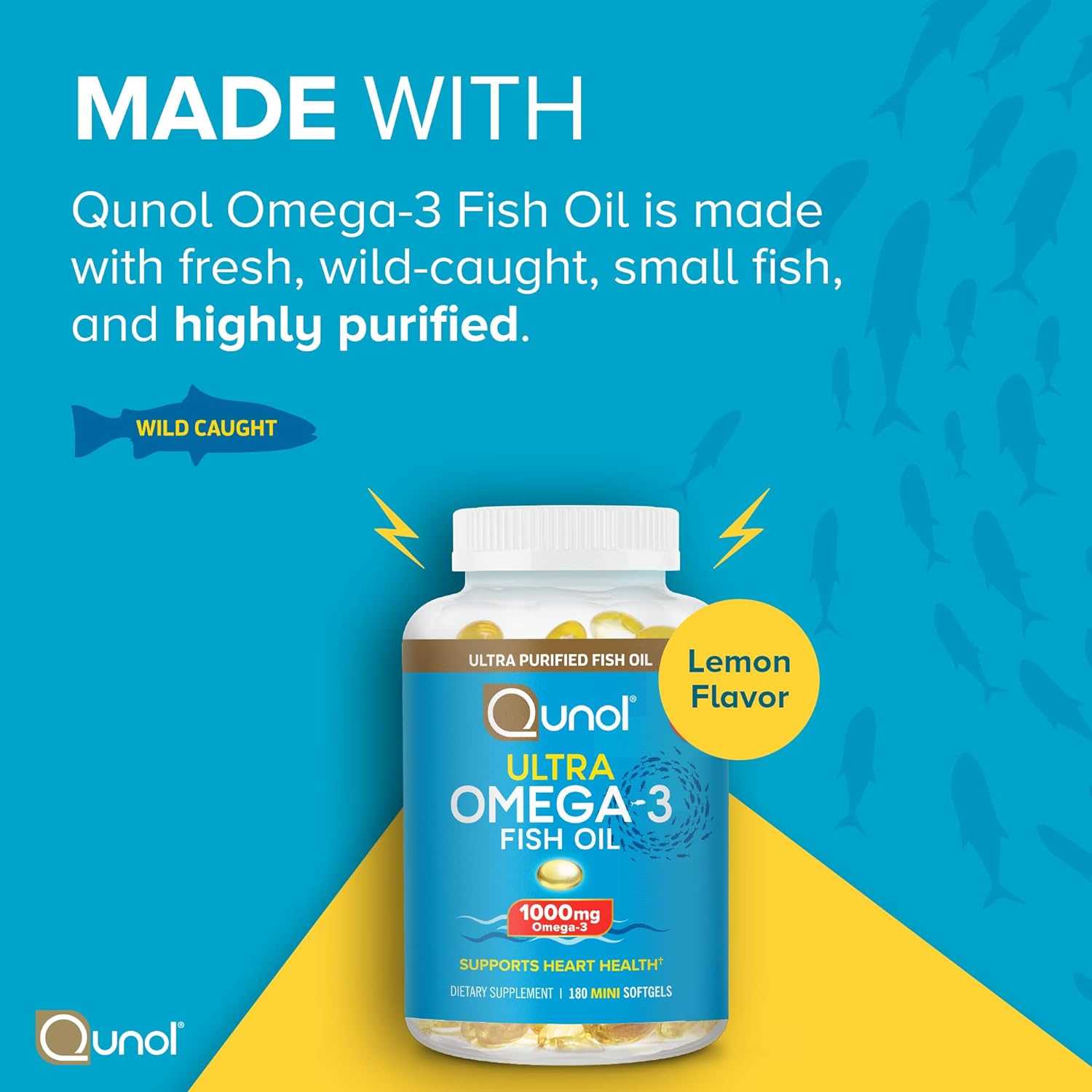 ใหญ่ 180 เม็ด  Omega mini น้ำมันปลา เม็ดจิ๋ว กลิ่นมะนาว 1000 MG Qunol Ultra Omega3 Fishoil