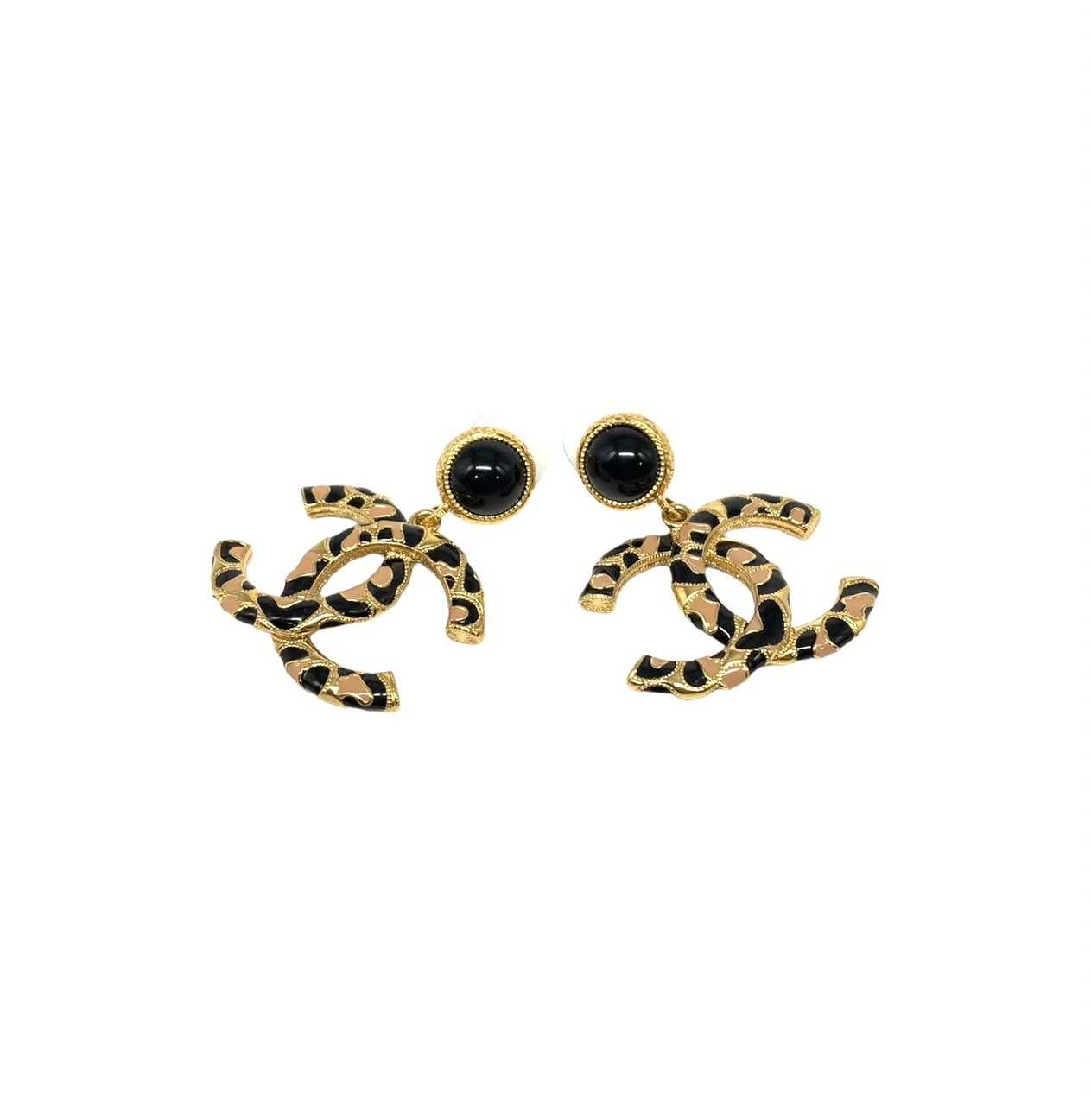 Chanel Earrings leopard cc dangle black/beige ghw A22P