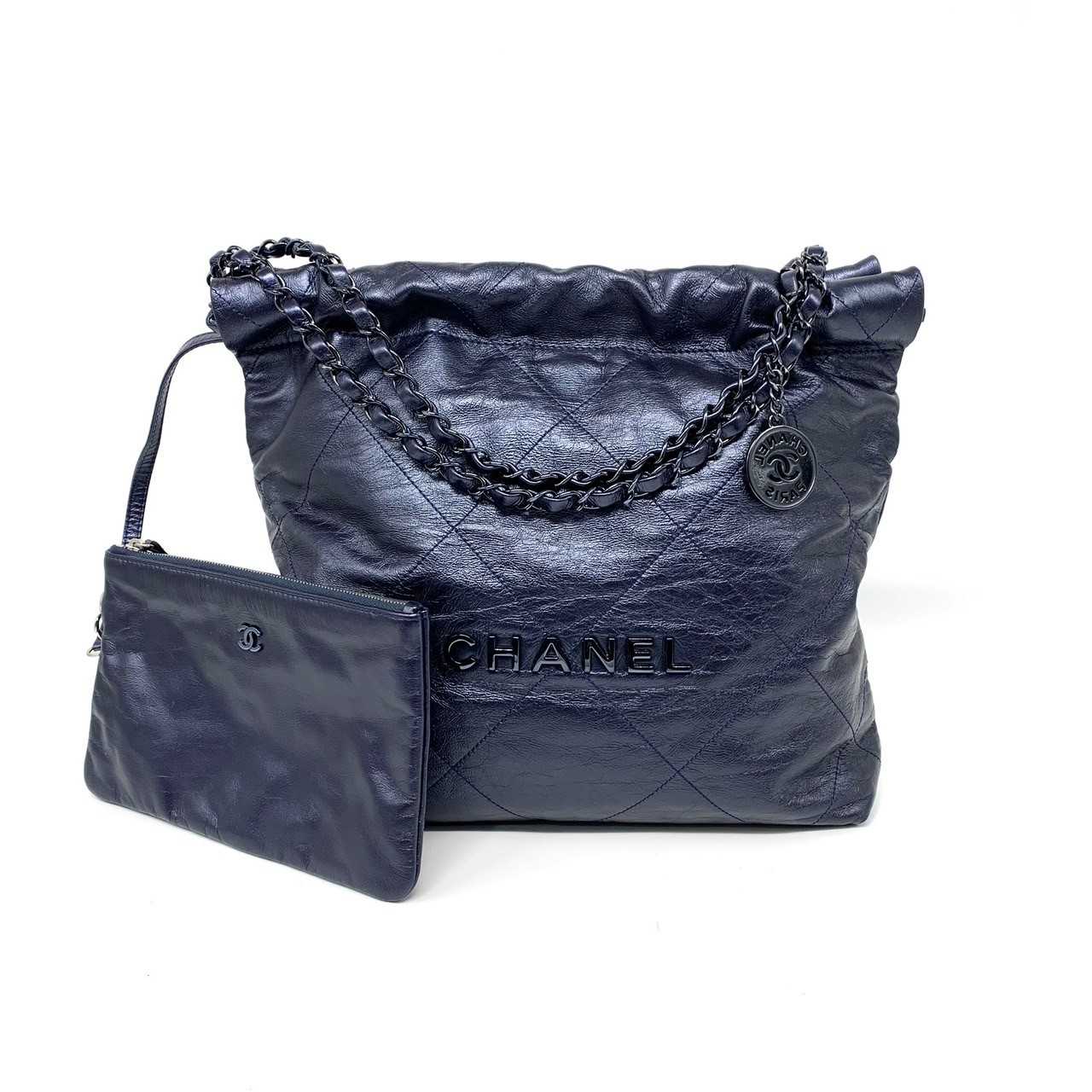 Chanel tote 22 small navy blue metalic black logo microchip