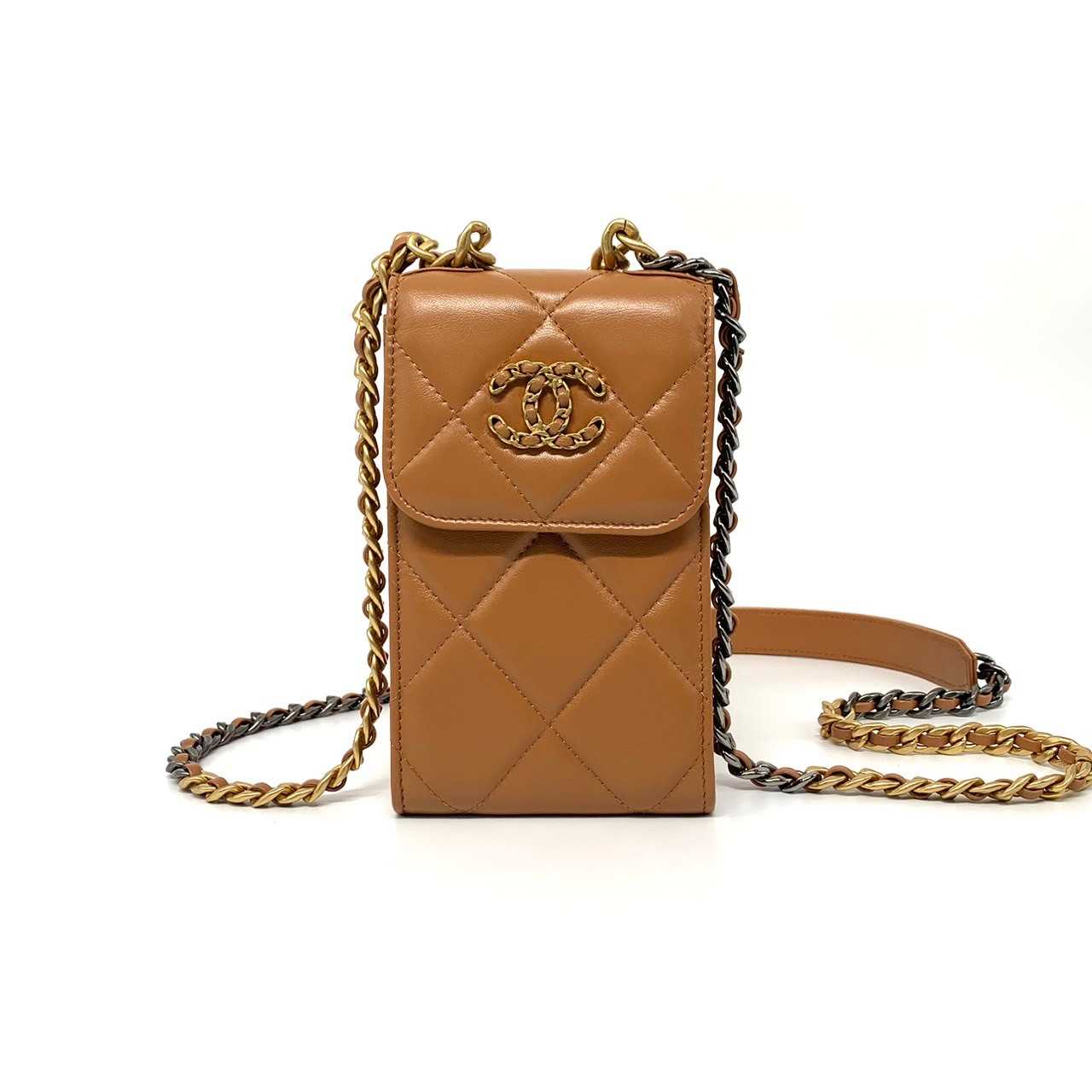 Chanel19 phone case with chain caramel ghw microchip
