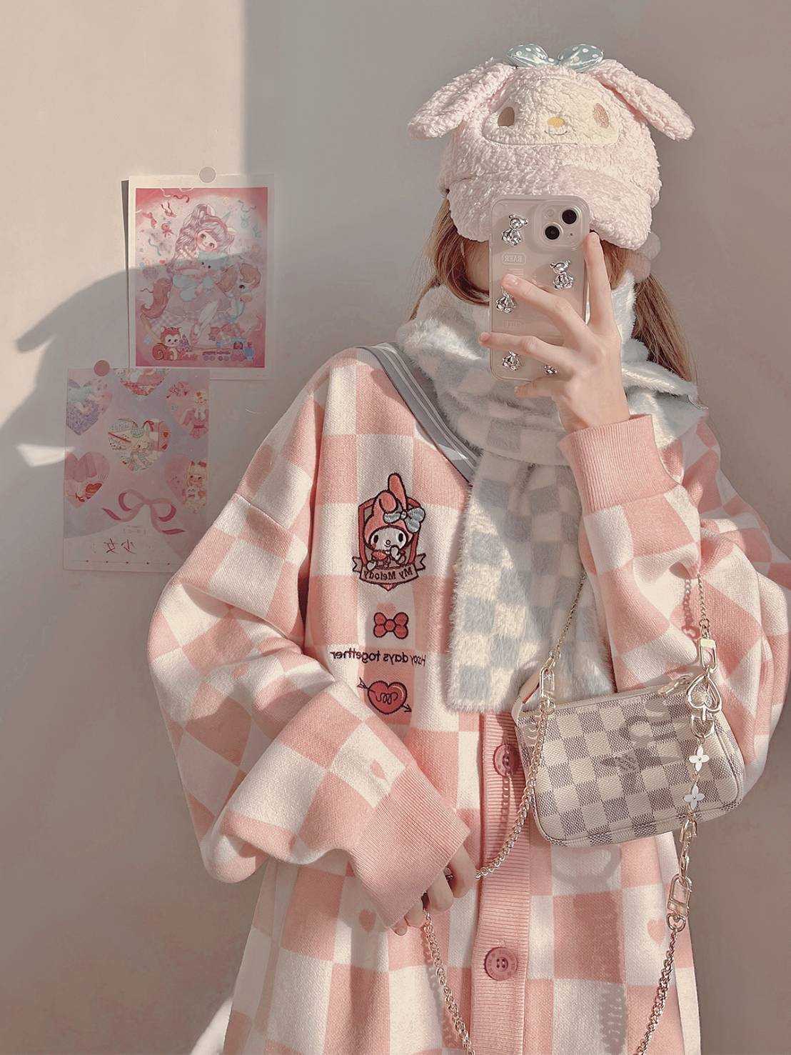 [พร้อมส่ง]Kyouko x Sanrio เสื้อคาร์ดิแกนลายตารางหมากรุก My Melody , Kuromi , Cinnamoroll