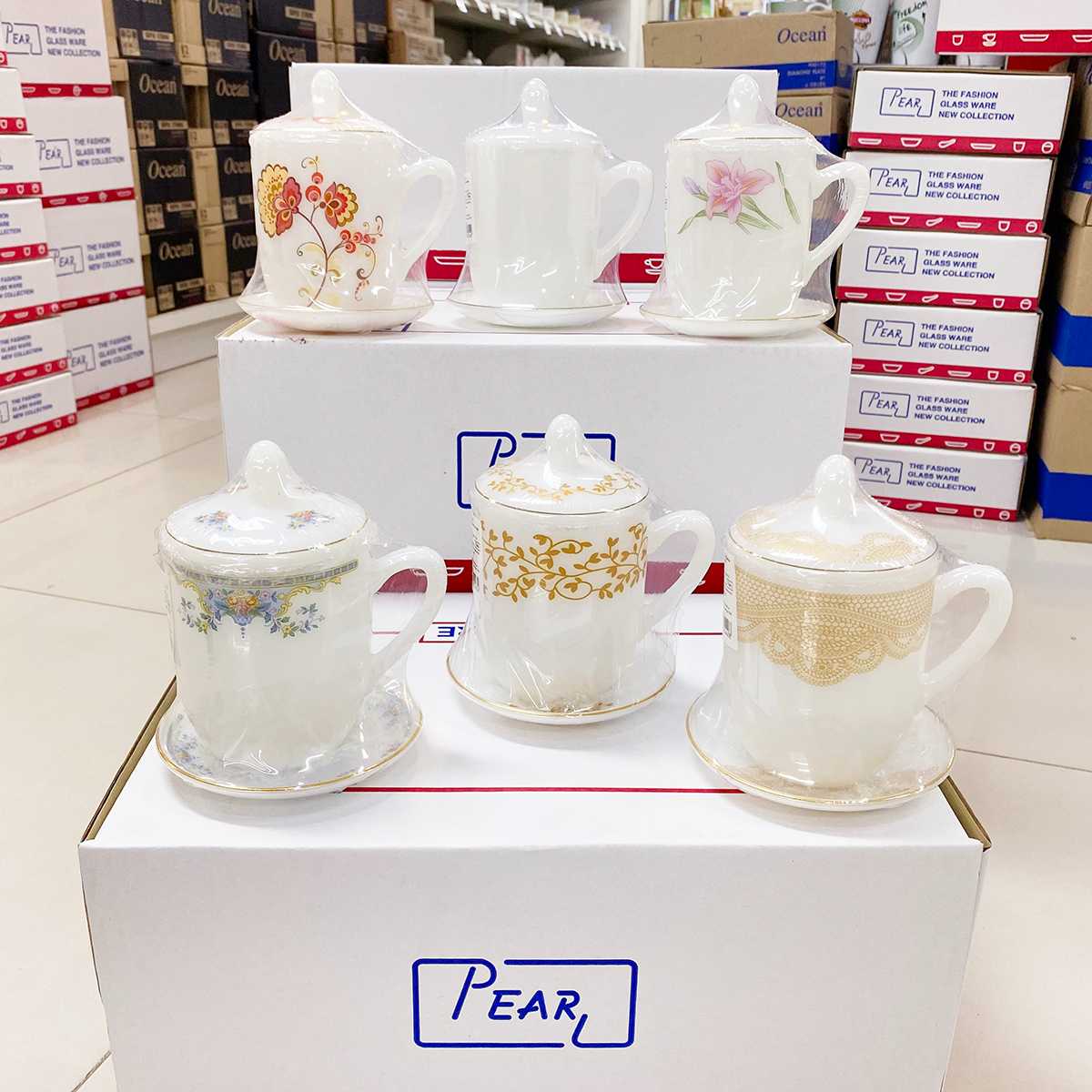 [1ใบ] ชุดถ้วยน้ำชา-ขอบทอง เนื้อมุก 14ออนซ์ มีฝาปิด พร้อมจานรองแก้ว PEARL Opal Glass Coffee Mug