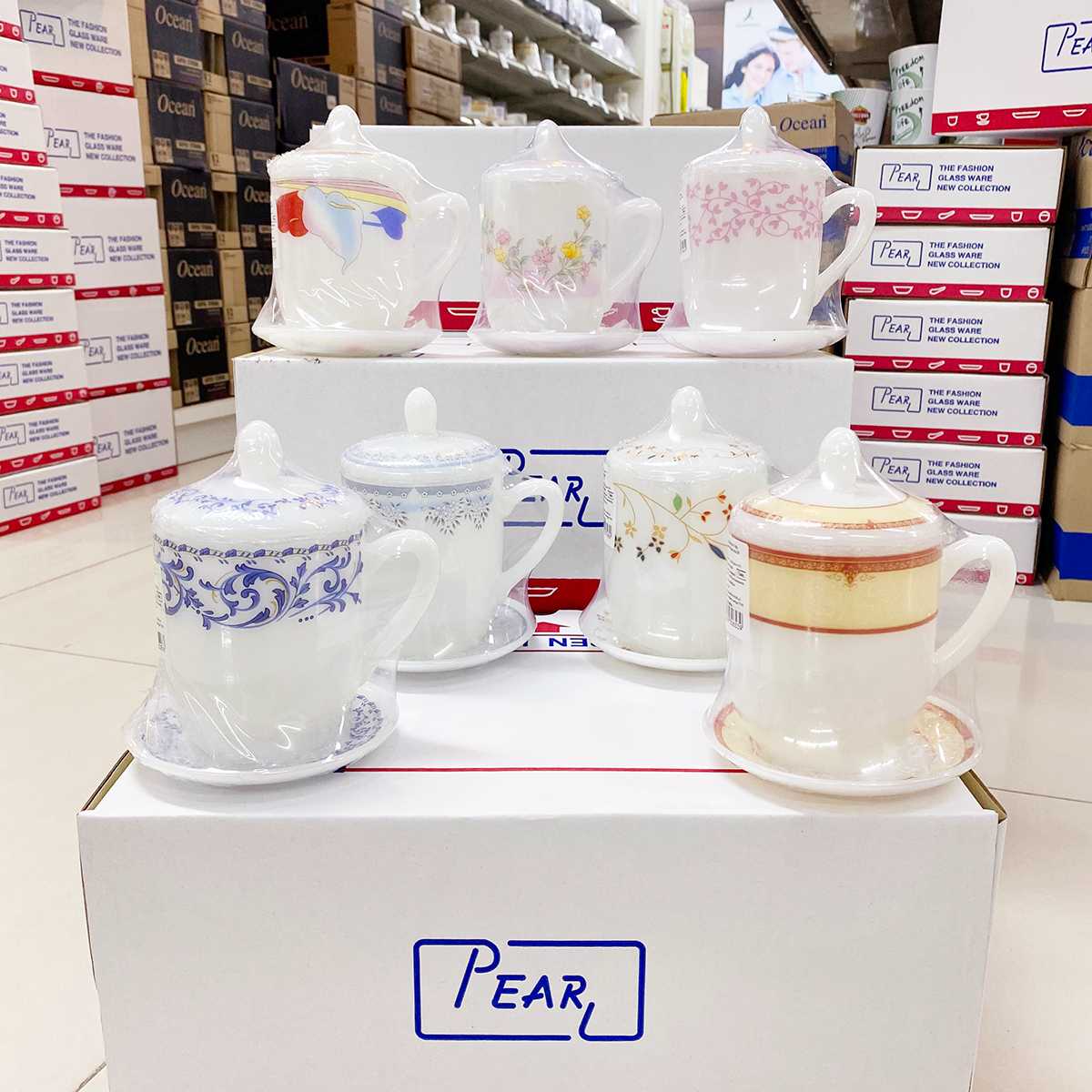 [1ใบ] ชุดถ้วยน้ำชา มีฝาปิด 14ออนซ์ แก้วมุก แก้วกาแฟ PEARL Opal Glass Coffee Tea Mug ; รวม 1 ชุด