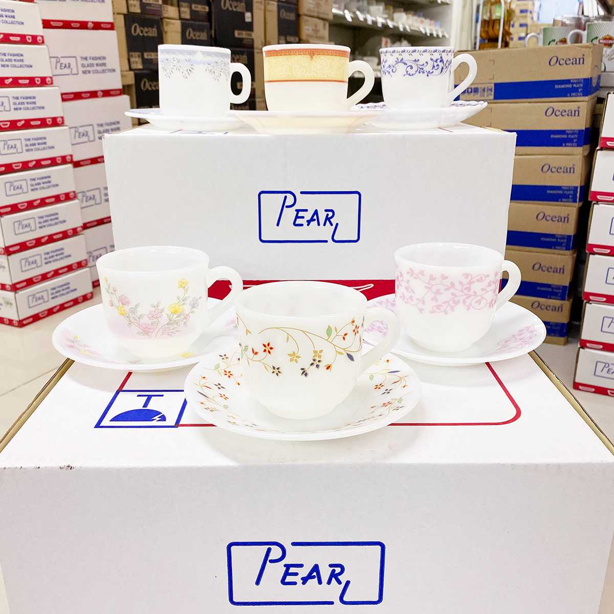 ชุดแก้วกาแฟเนื้อมุก พร้อมจานรองแก้ว PEARL Opal Glass Coffee Tea Cup with Sauce ; รวม 1 ชุด