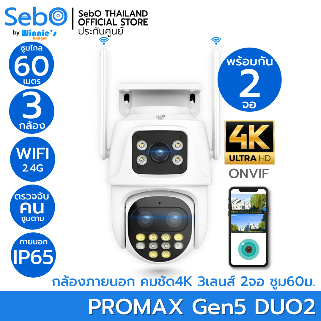 SebO PROMAX Gen5 DUO2 กล้องไวไฟ 4K 3 เลนส์ 2 จอ