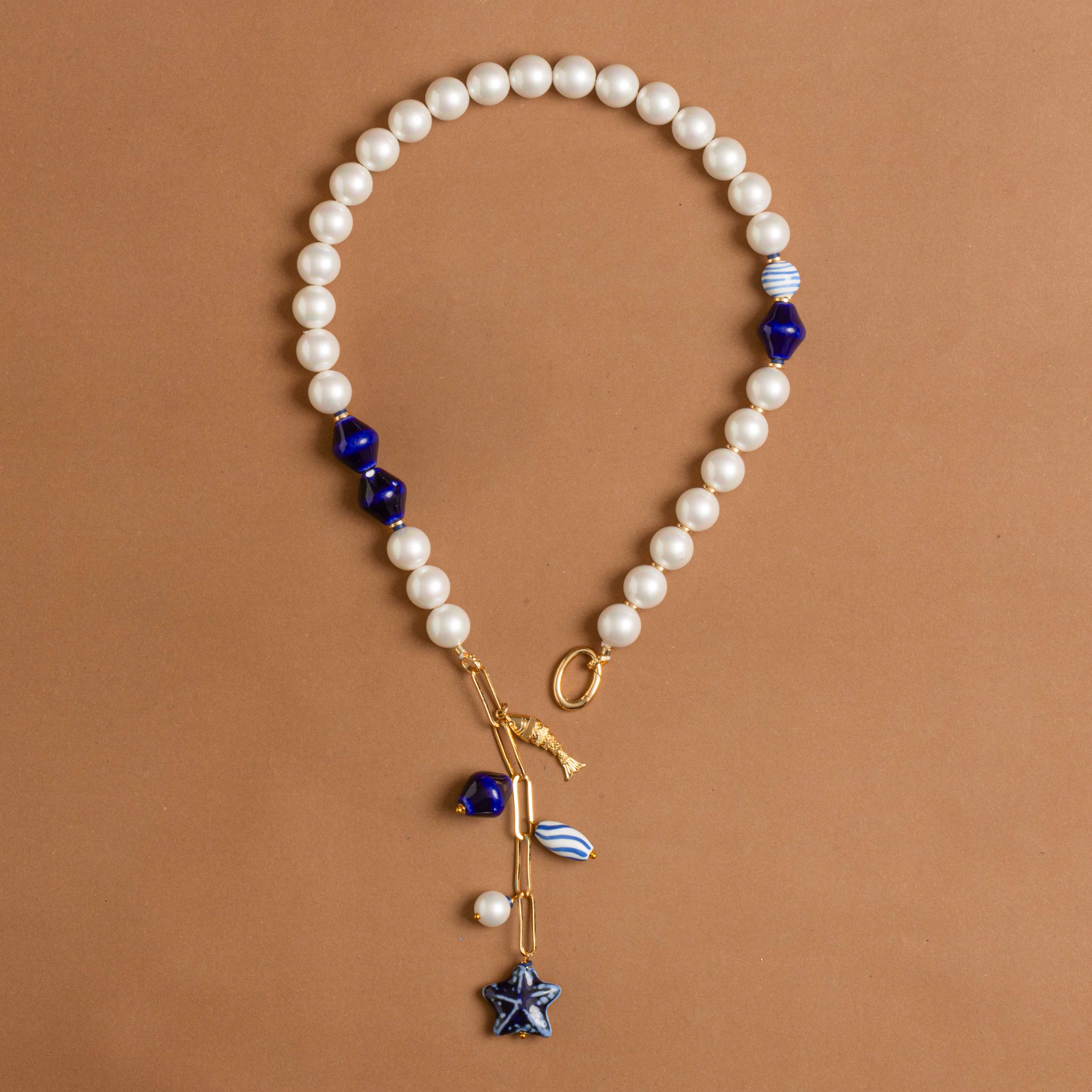 WHITE LAPIS BEADED DROP CHARM NECKLACE