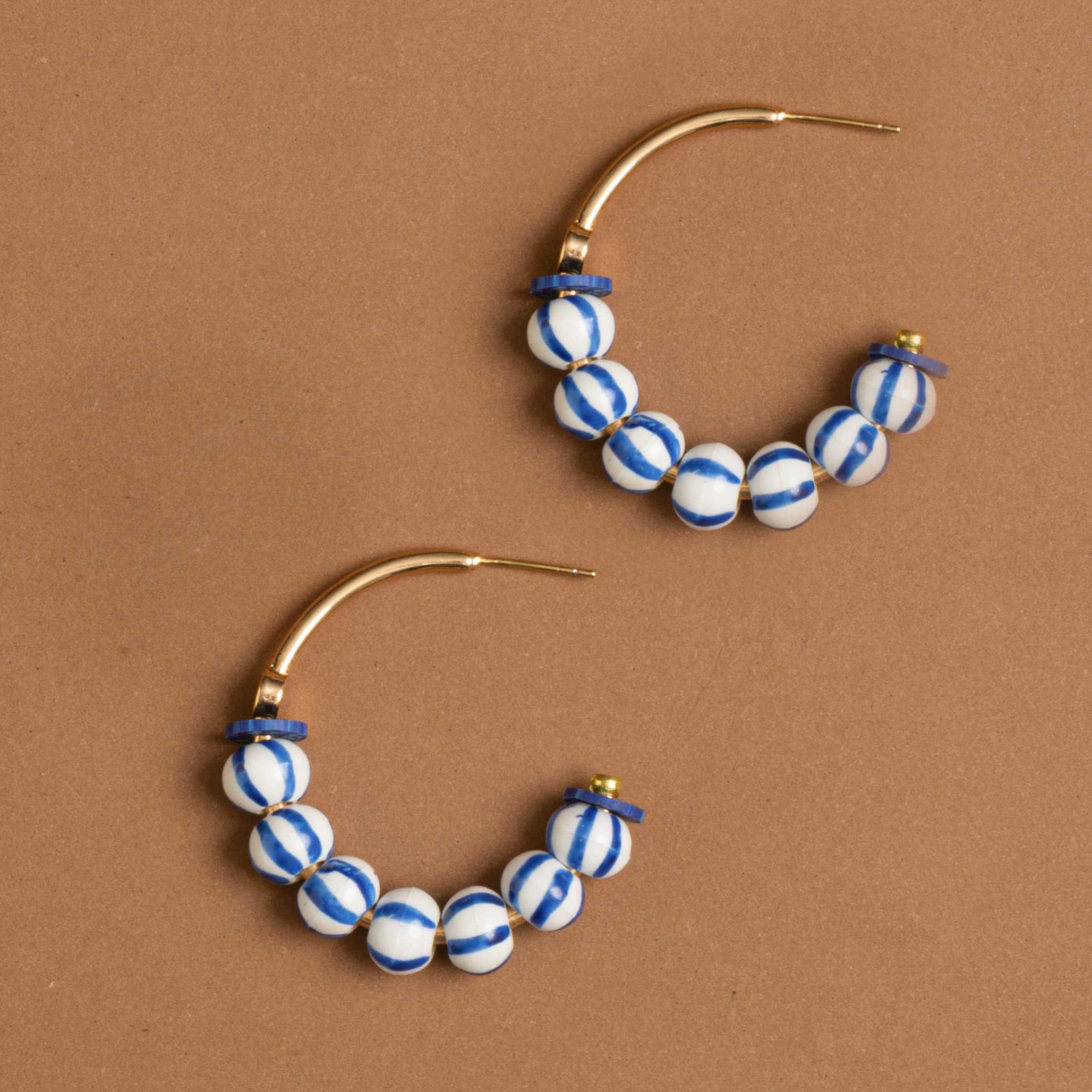 BLUE WHITE BEADED HALF HOOP EARRINGS