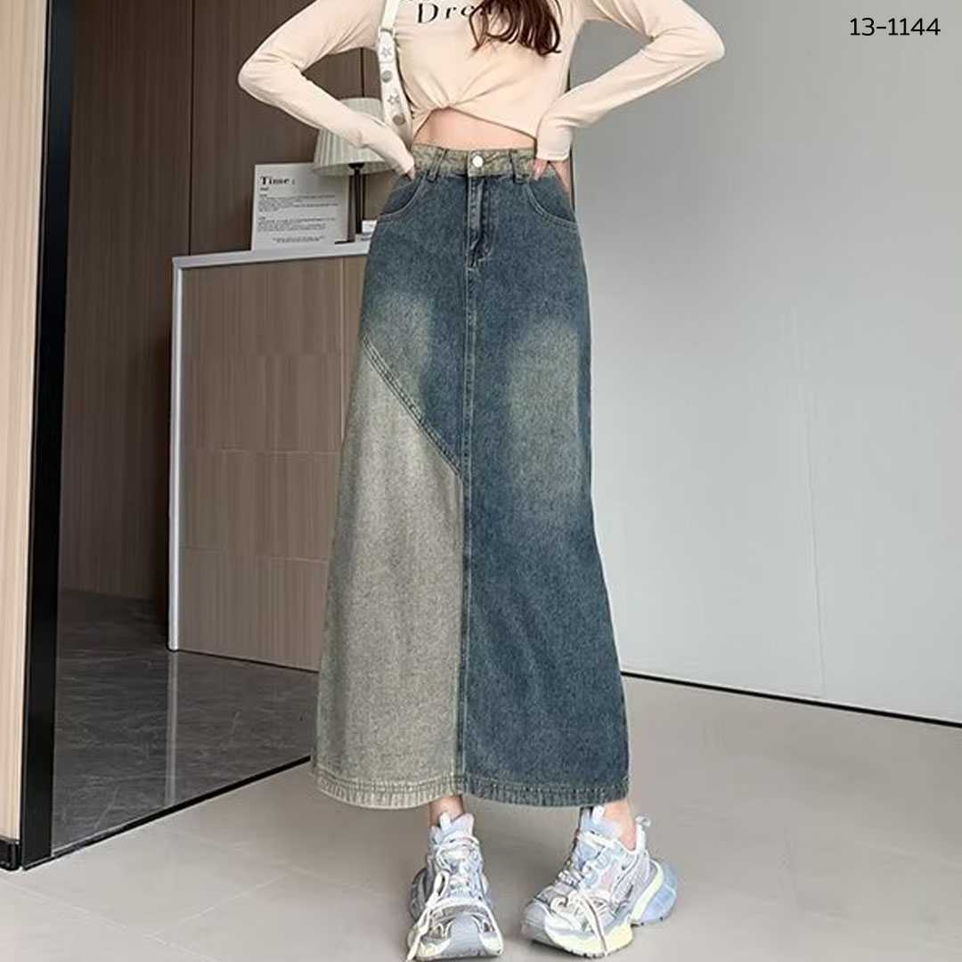 13-1144 กระโปรงยีนส์ยาว แต่งทูโทน