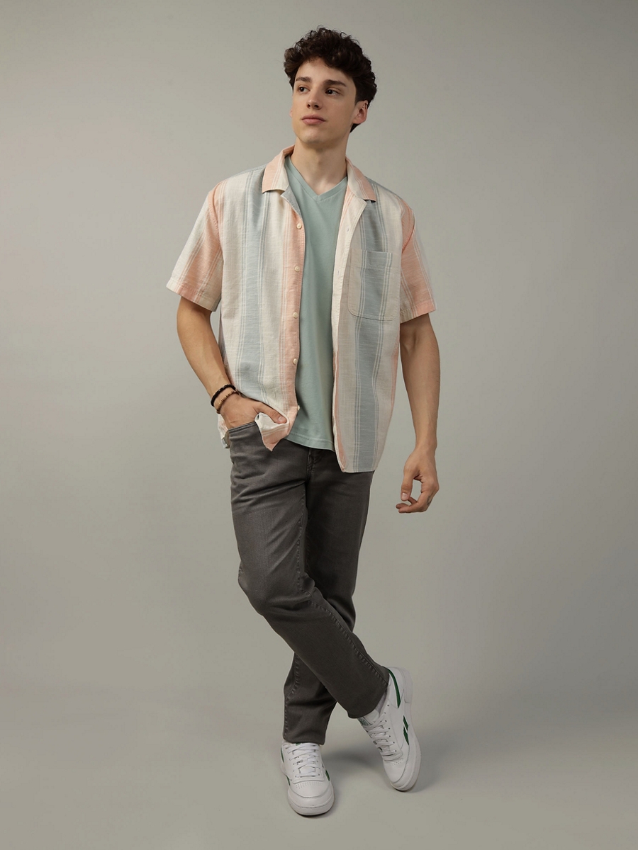 เสื้อเชิ้ต ผู้ชาย JON STRIPE SS OVERSIZED CAMP COLLAR SLUB COTTON SHIRT ( 015-6200-800 )