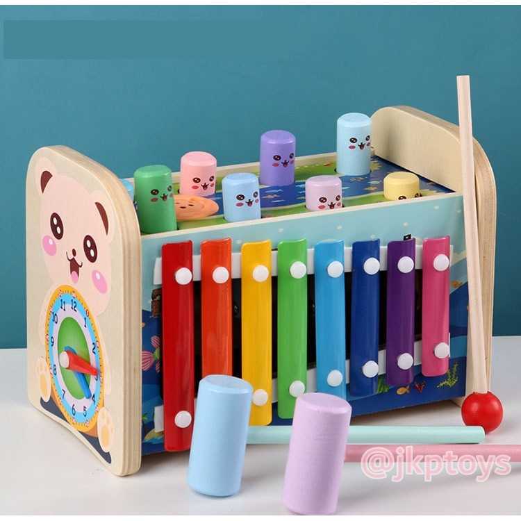 ของเล่นไม้เสริมพัฒนาการ 2 in 1 ทุบตุ่นผลุบโผล่ ระนาด ฟันเฟือง นาฬิกาสอนเวลา