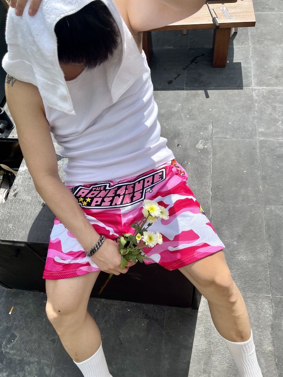 AONE4SURE Powerpuff Girls pink camouflage print mesh sports shorts กางเกงสปอร์ตขาสั้นลายพรางสีชมพู
