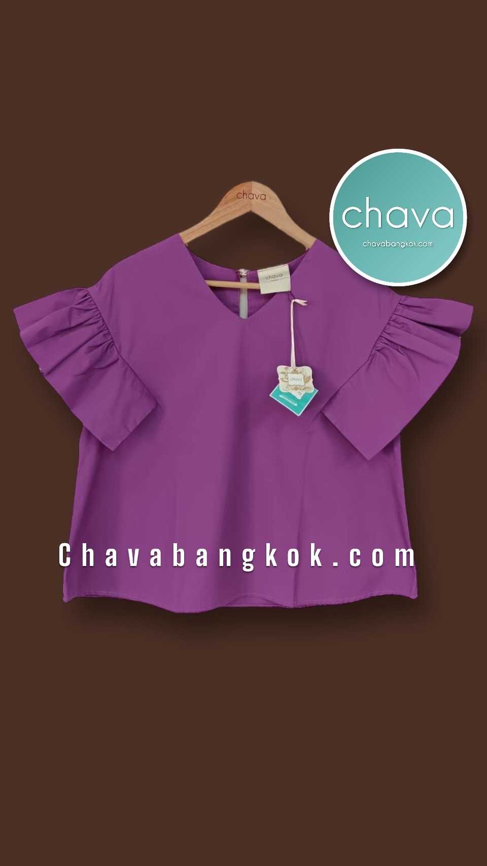 เสื้อ Top / BLOUSE สีม่วง คอวี แขนระบาย กระดุมหลัง