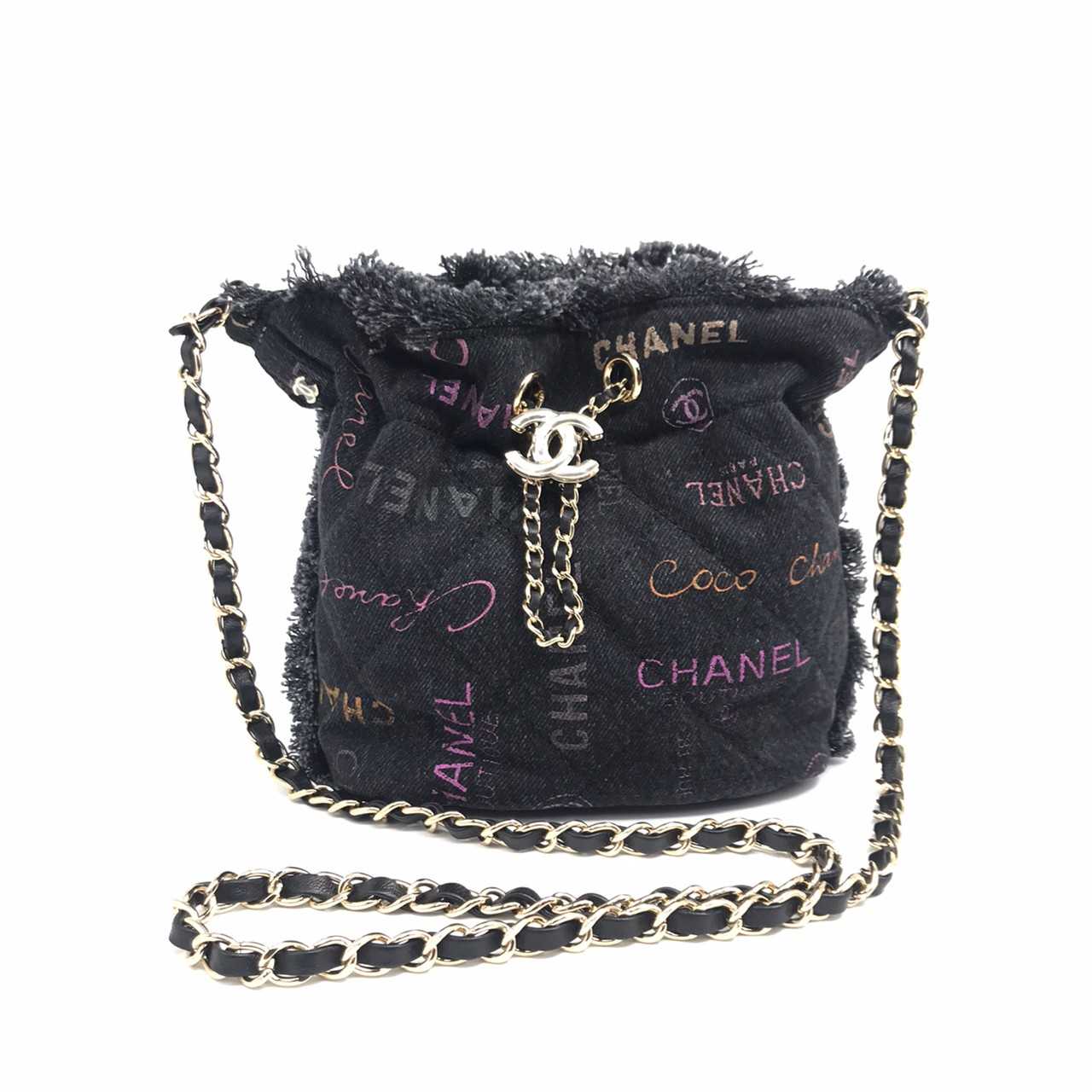 New Chanel Drawstring cc logo black denim lghw microchip L3LK49T4