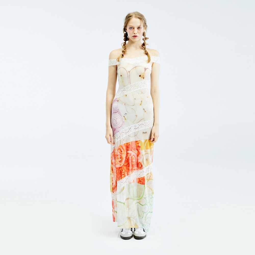 BLACKDOG BKK - SS2403 -Printed lace maxi dress - เดรสยาวผ้ายืดตาข่ายซีทรูตกแต่งลูกไม้พิมพ์ลาย