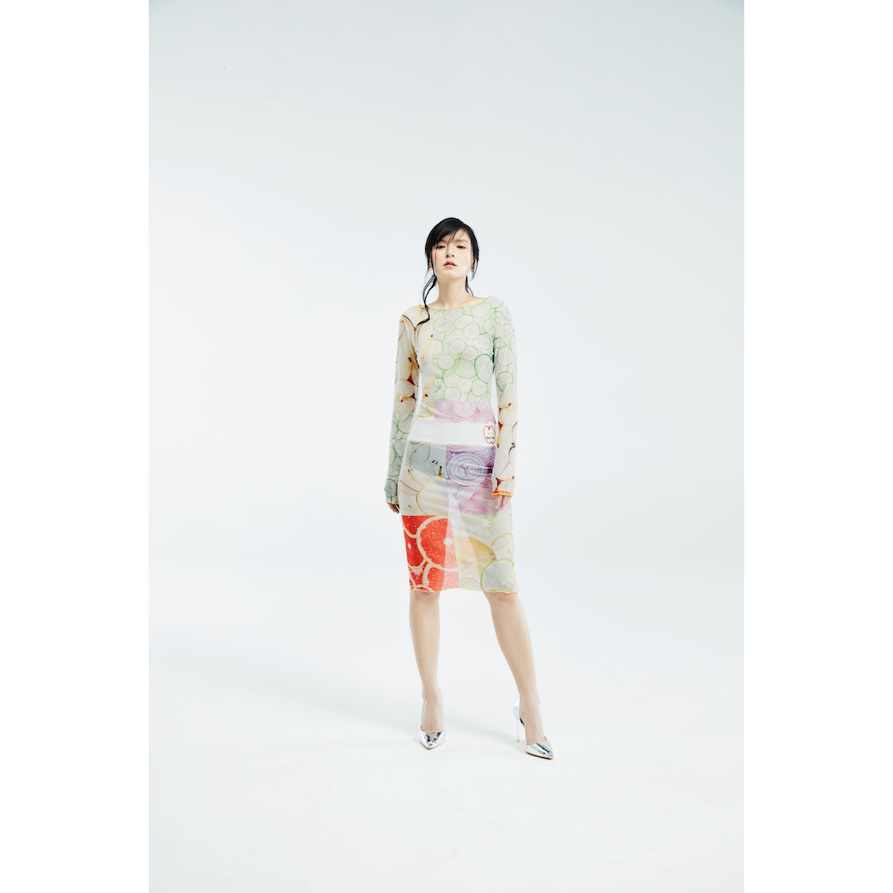 BLACKDOG BKK - SS2404 - Printed mesh midi dress - เดรสแขนยาวผ้ายืดตาข่ายซีทรูพิมพ์ลาย