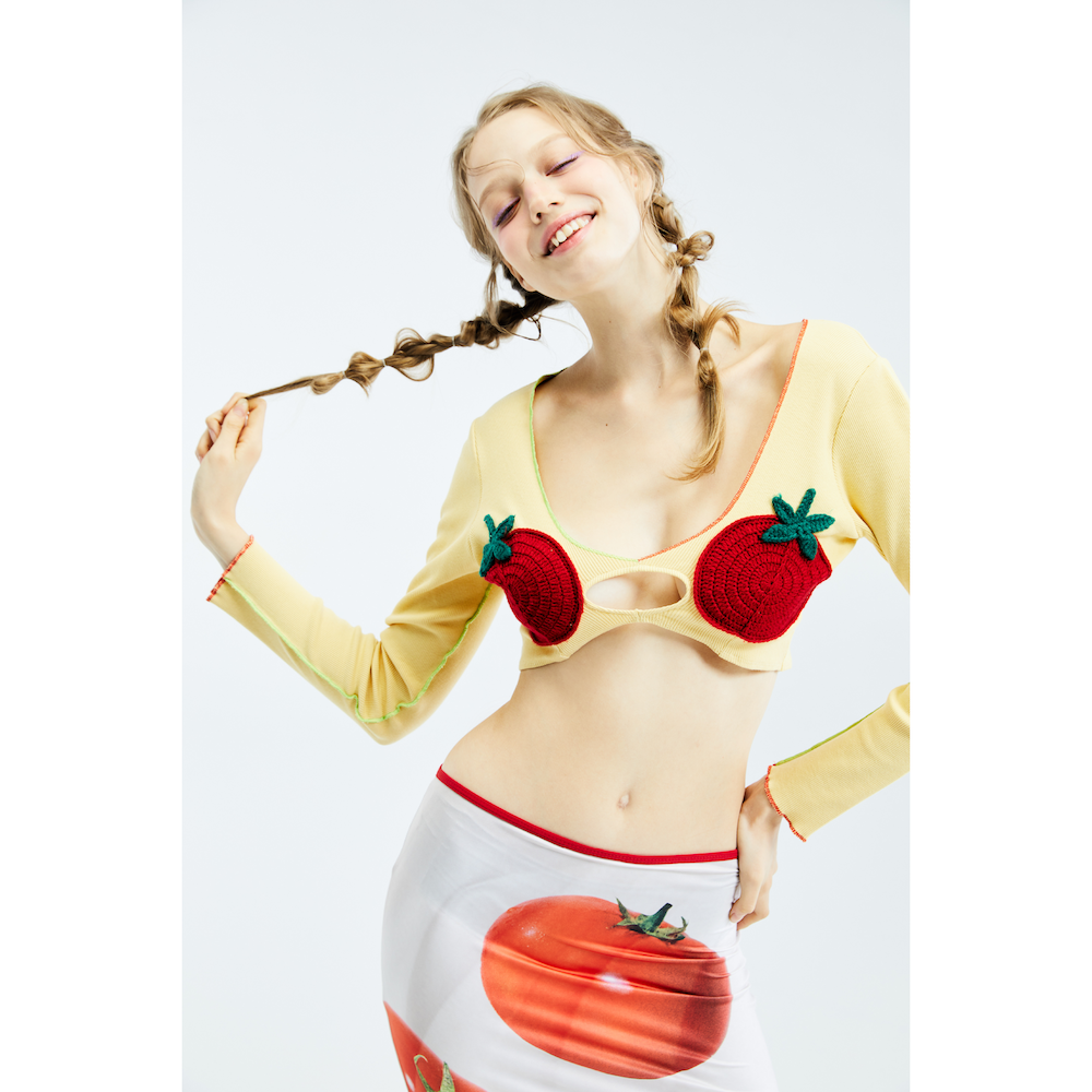 BLACKDOG BKK - SS2406 - Crochet tomato crop top - เสื้อแขนยาวผ้ายืดตกแต่งงานถักมือ
