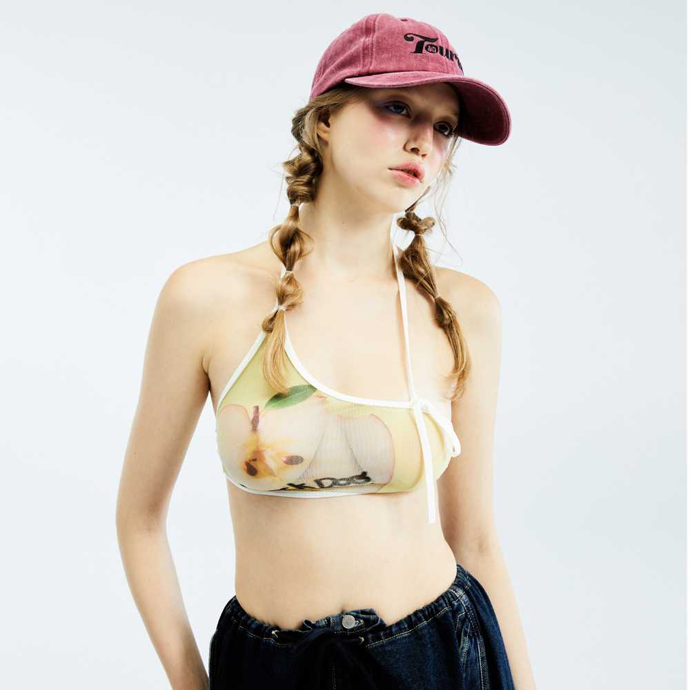 BLACKDOG BKK - SS2418 -Printed apple crop top -  เสื้อตาข่ายซีทรูยางยืดด้านหลังพิมพ์ลาย