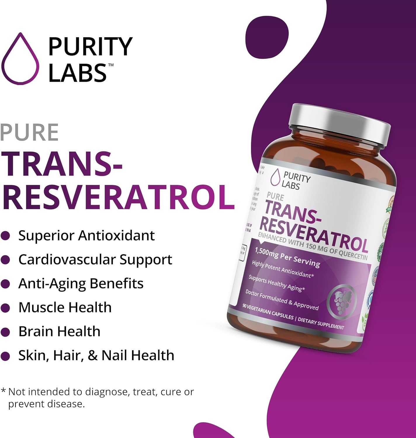 Pure organic Trans RESVERATROL + Quercetin 1500mg 90 vegcap เรสเวอราทรอล