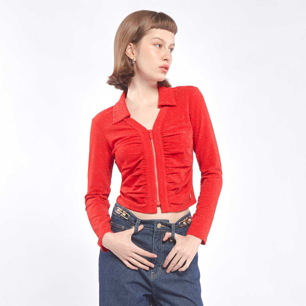 เสื้อนิตคอปกแต่งซิป | Crystal Zip V-Neck Knit Top | 06330